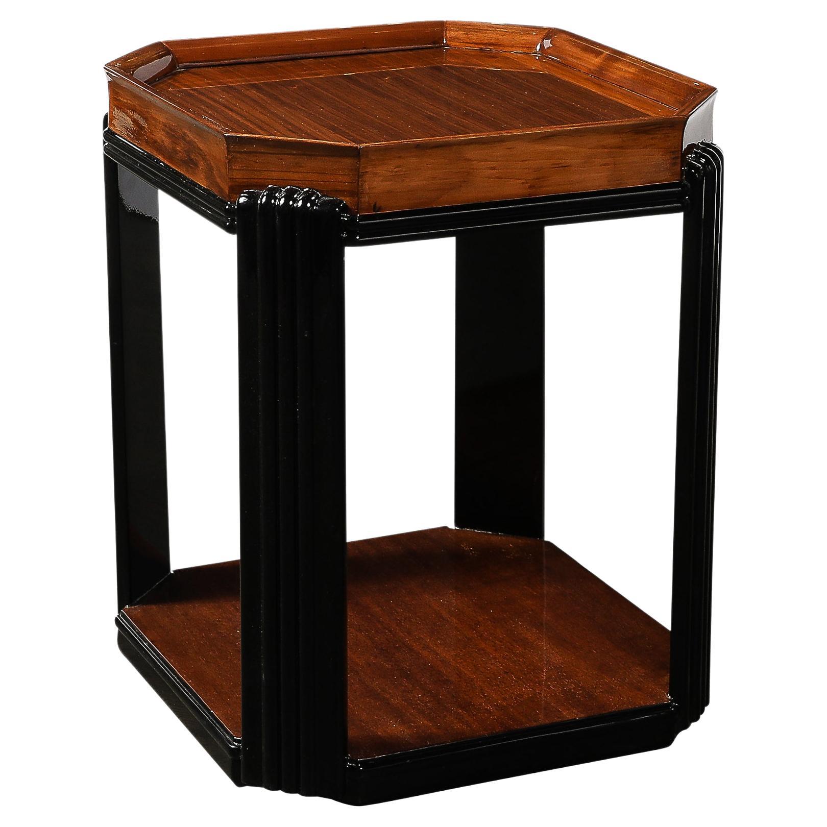 Art Deco Streamlined Machine Age Bookmatched Walnut & Fluted Black Lacquer Table For Sale