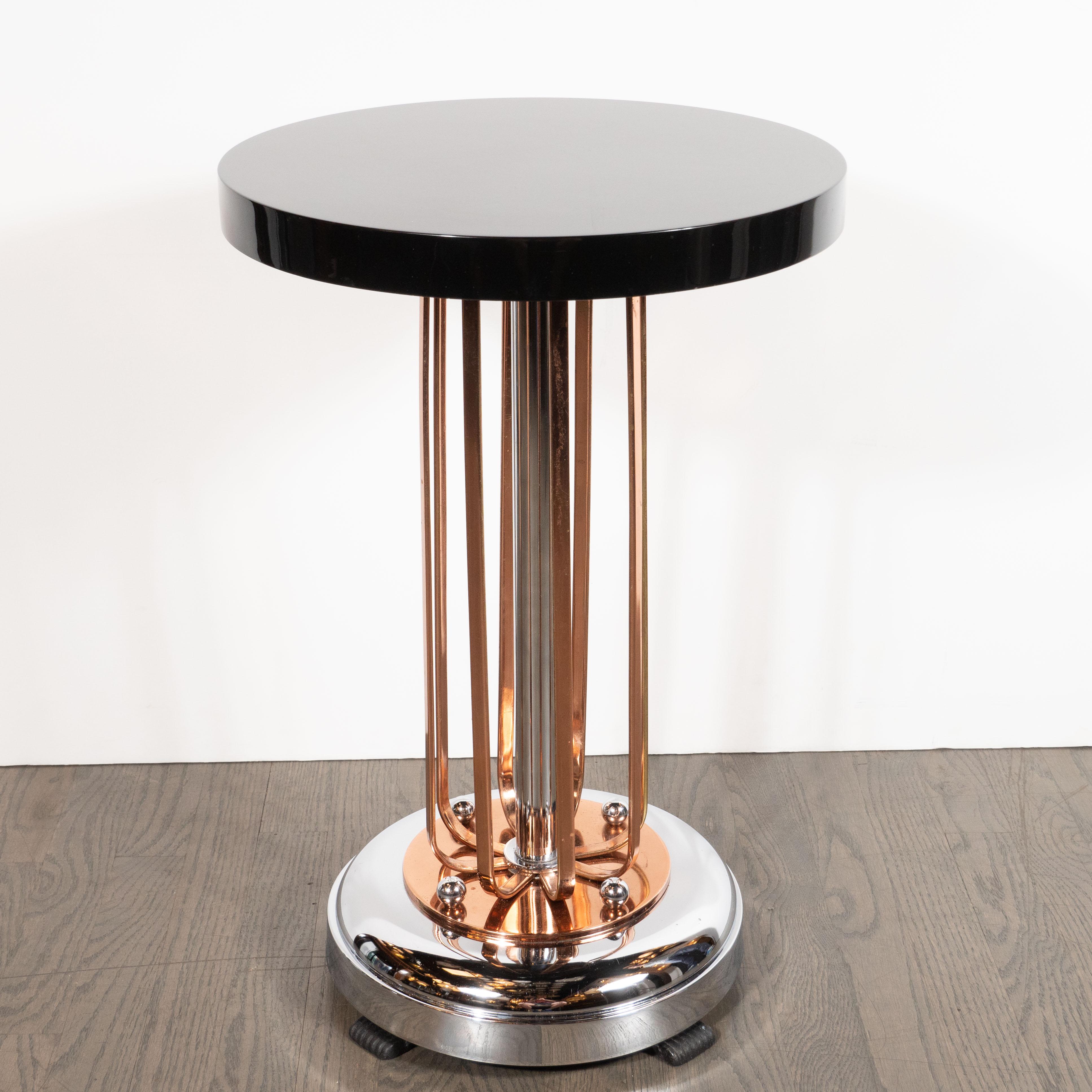 Art Deco Streamlined Machine Age Chrome, Copper & Black Lacquer Occasional Table In Excellent Condition In New York, NY