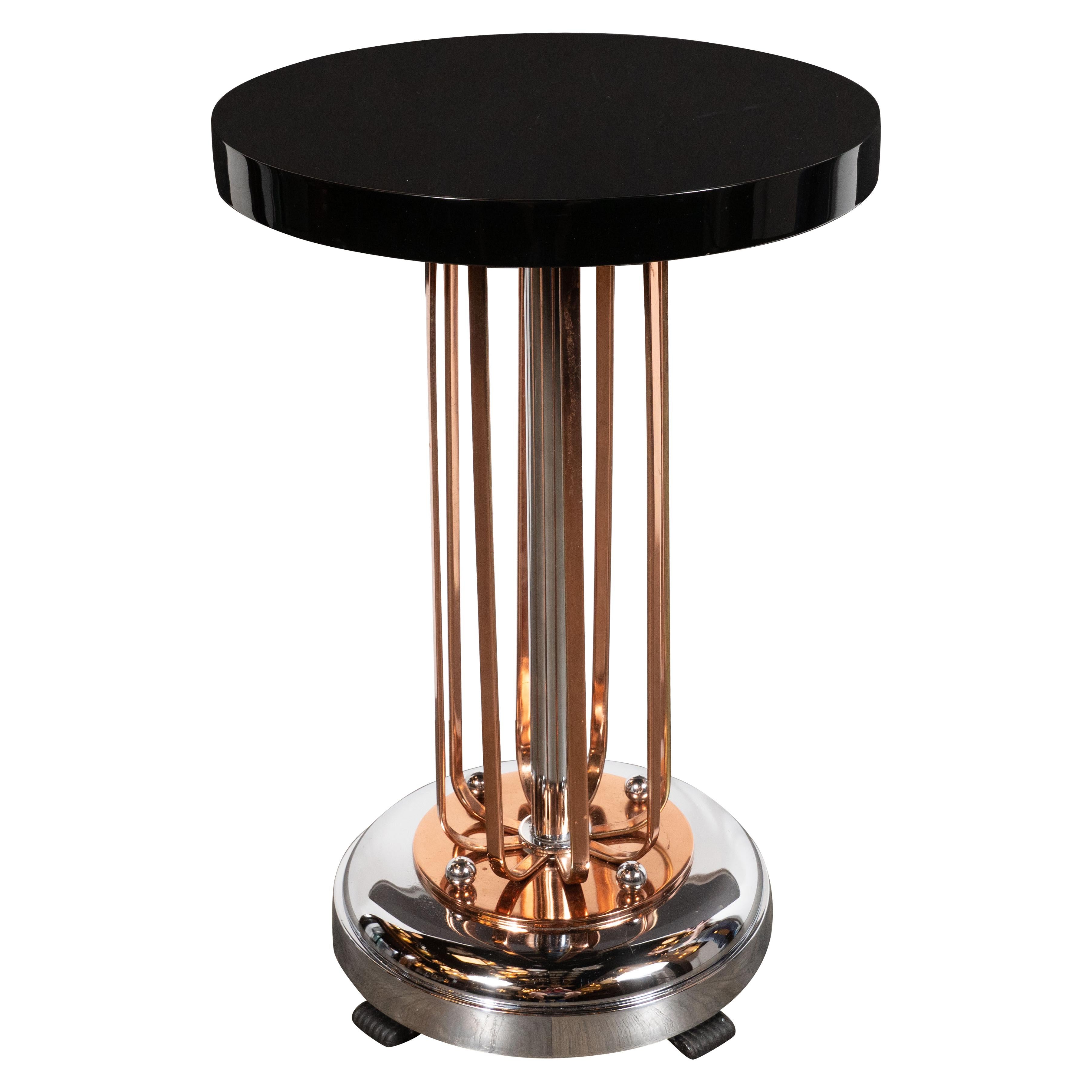 Art Deco Streamlined Machine Age Chrome, Copper & Black Lacquer Occasional Table