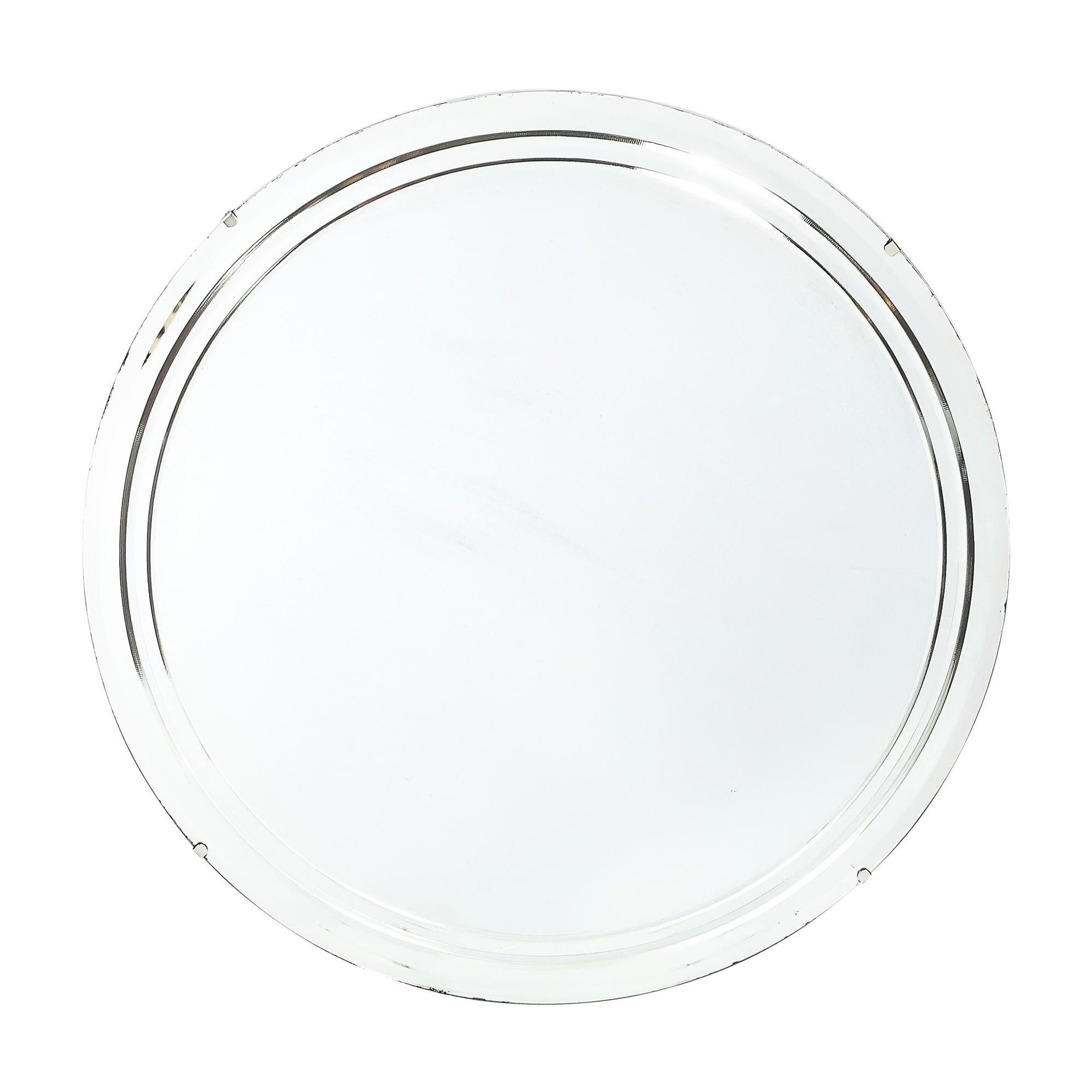 Art Deco Streamlined Machined Age Minimal Round Reversed Etched & Beveled Mirror For Sale