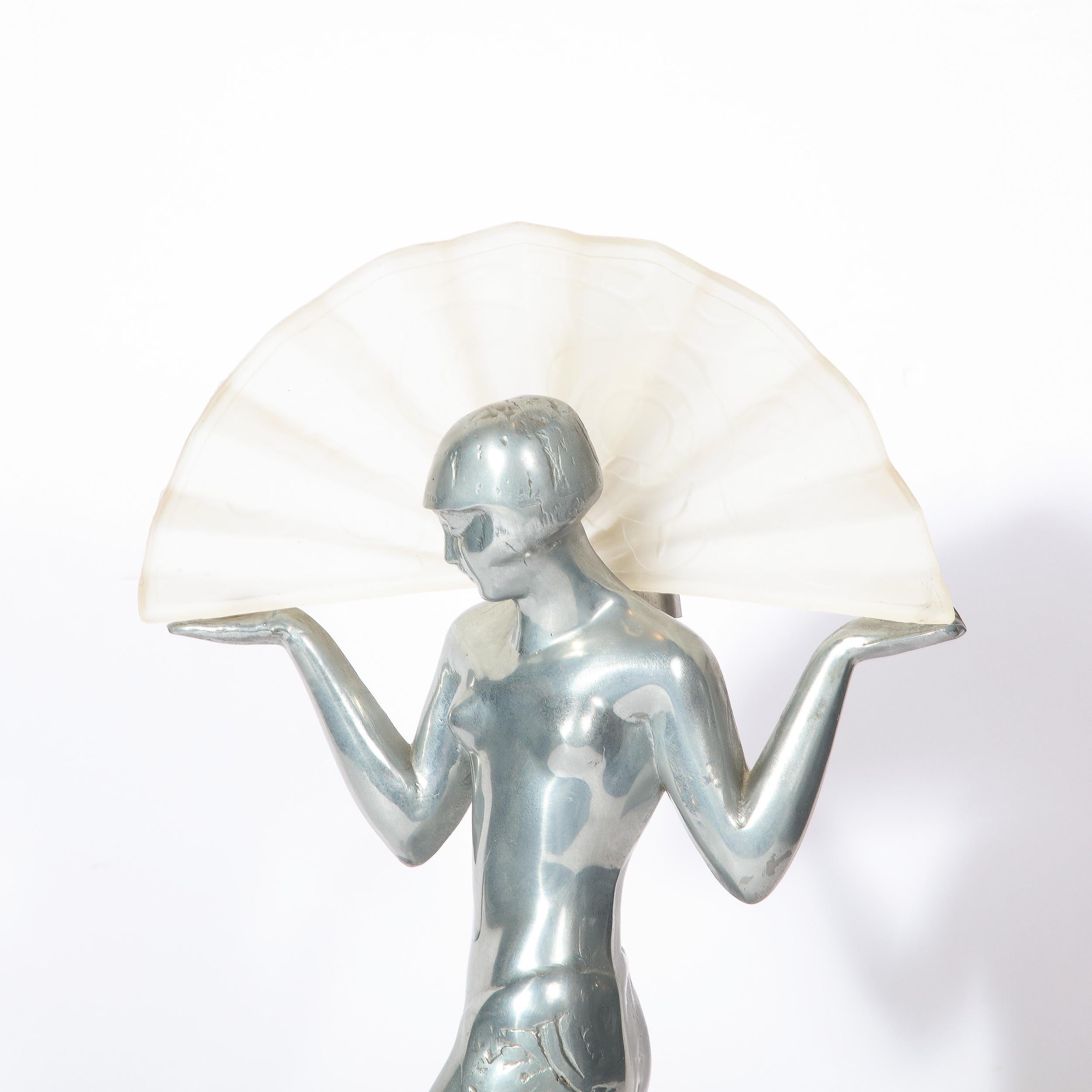 American Art Deco Streamlined Pewter & Frosted Glass Flapper Table Lamp with Fan Shade