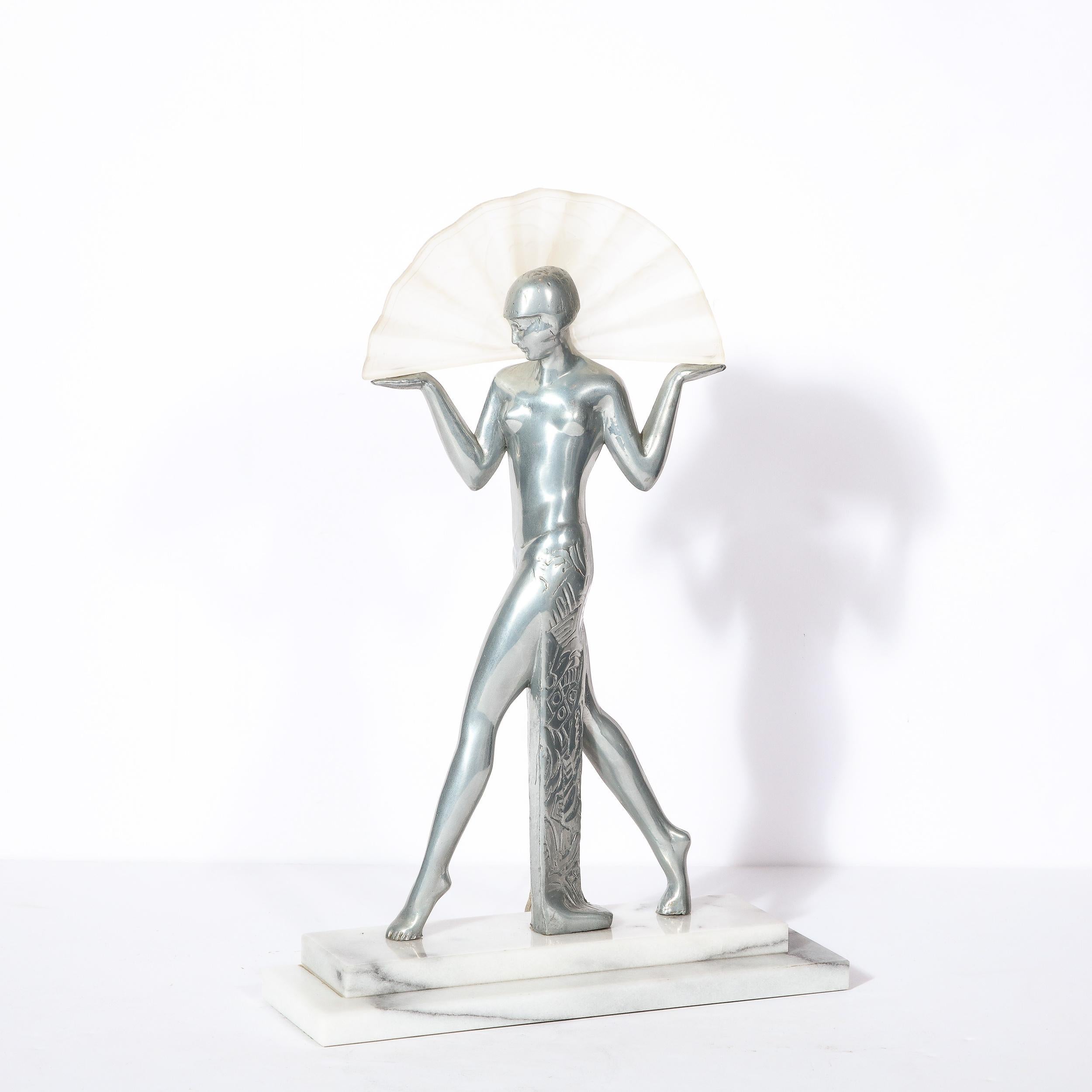 20th Century Art Deco Streamlined Pewter & Frosted Glass Flapper Table Lamp with Fan Shade