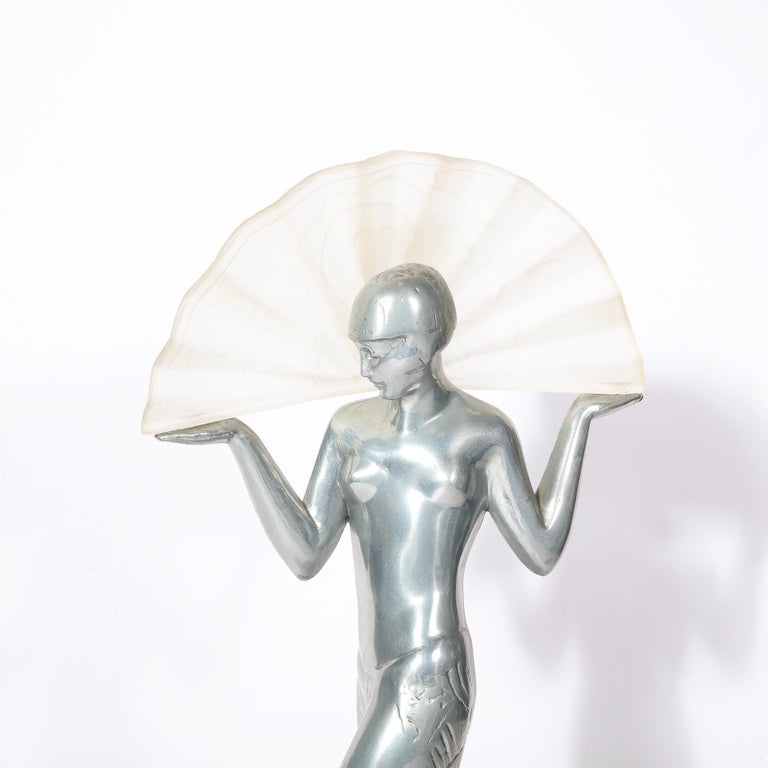 Art Deco Streamlined Pewter and Frosted Glass Flapper Table Lamp with