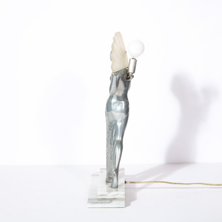 Art Deco Streamlined Pewter and Frosted Glass Flapper Table Lamp with