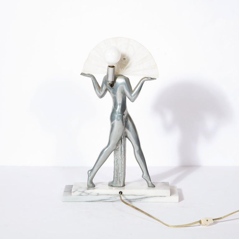 Art Deco Streamlined Pewter and Frosted Glass Flapper Table Lamp with