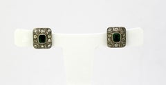 Art Deco Stud / Screw Back Earrings with Natural Emerald and Diamonds, 1920, USA