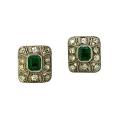 Antique Art Deco Stud / Screw Back Earrings with Natural Emerald and Diamonds, 1920, USA