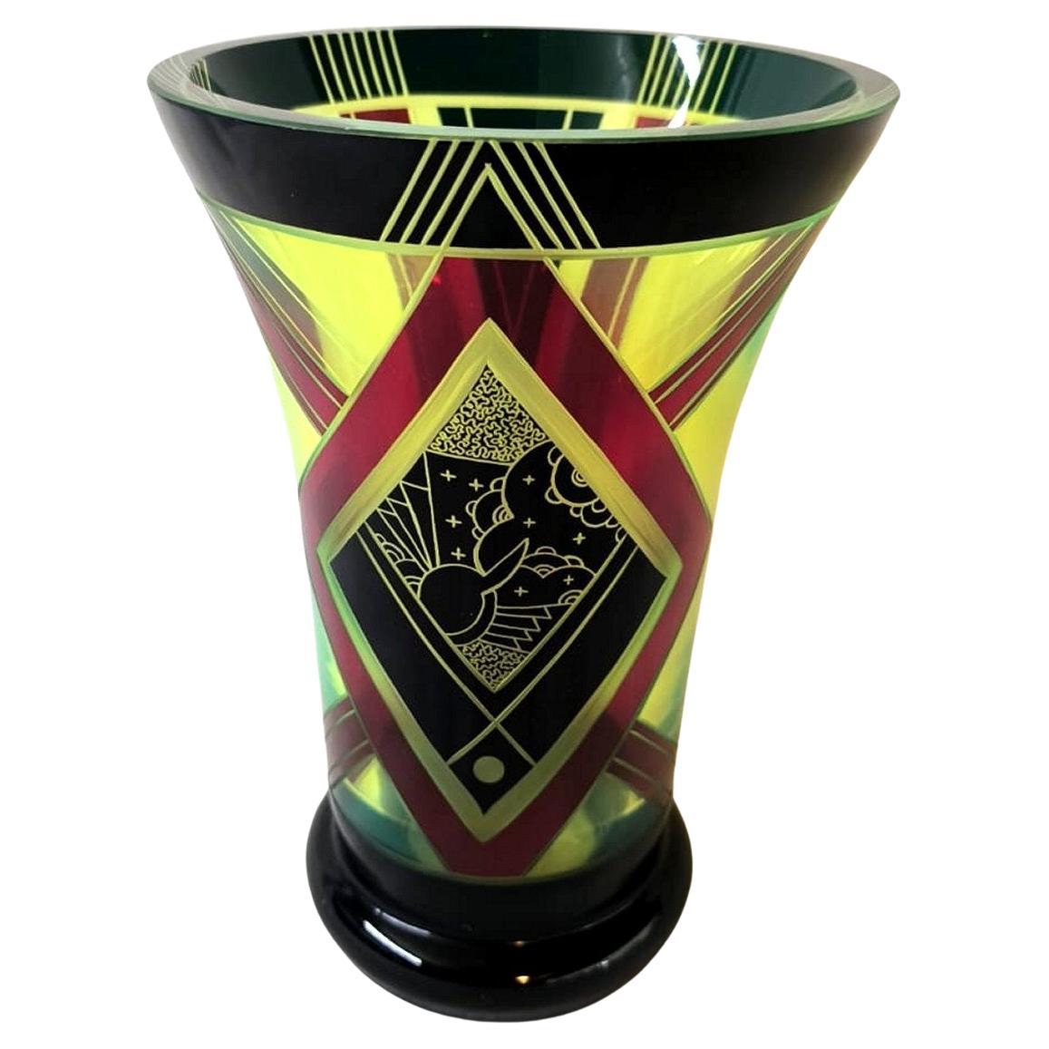 Art Deco Stunning Uranium 
Black Enamel Glass Vase, 1930 For Sale
