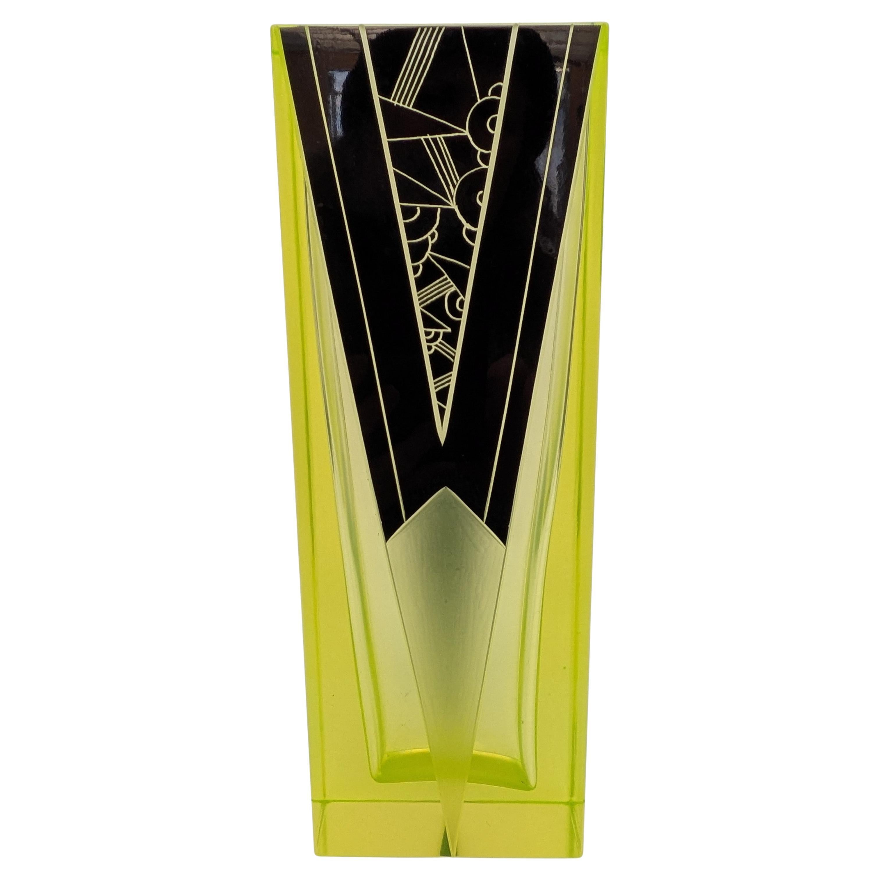 Art Deco Stunning Uranium & Black Enamel Glass Vase