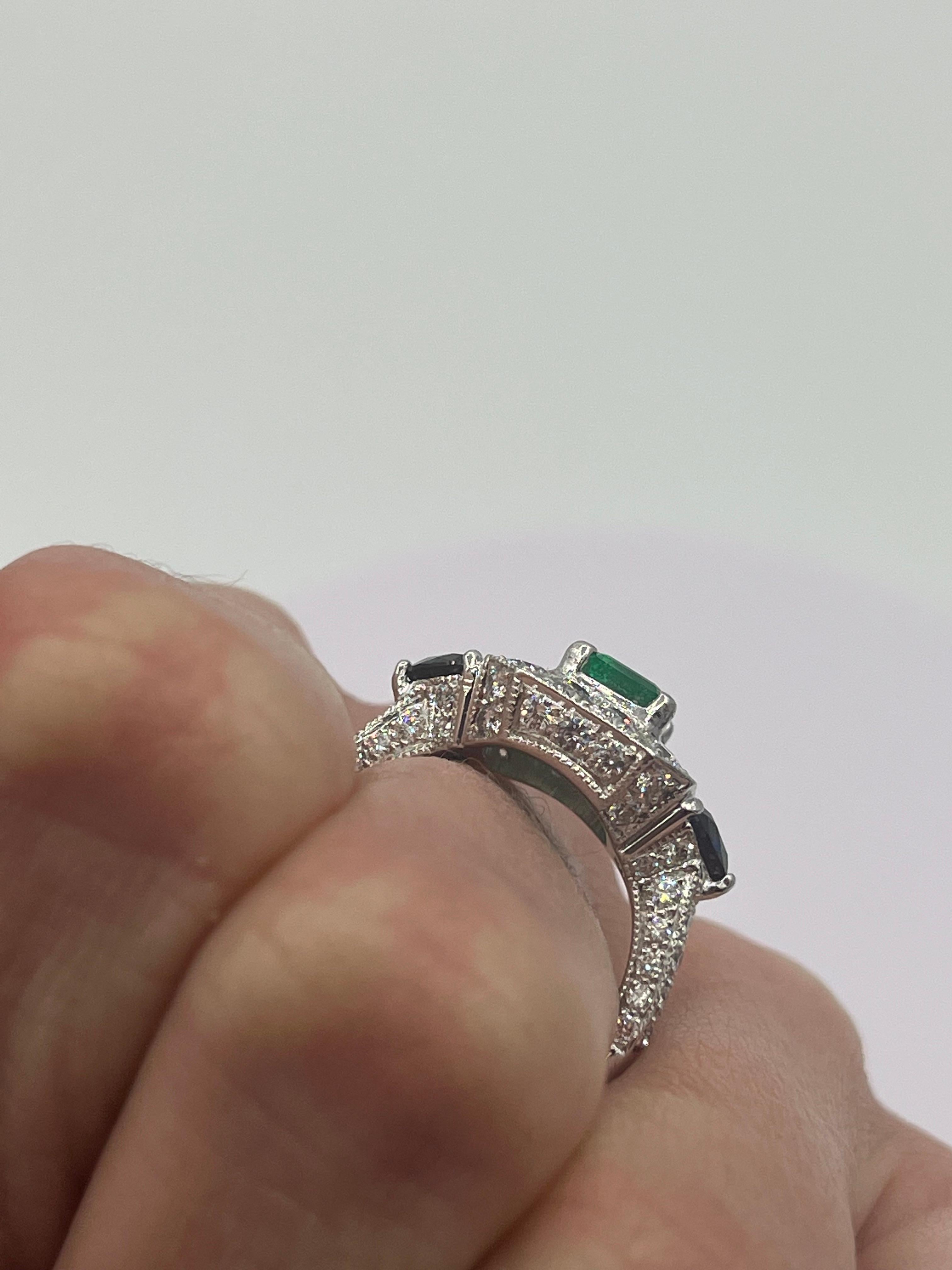 Art Deco Styl  Colombia Emerald Diamond Sapphire Ring Platinum For Sale 6