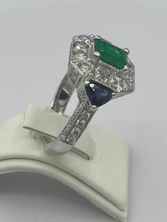 Art Deco Styl  Colombia Emerald Diamond Sapphire Ring Platinum