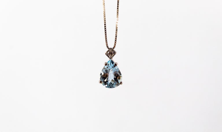 Pear Cut Art Deco Style 0.03 Carat Diamond 1.20 Carat Aquamarine White Gold Necklace For Sale