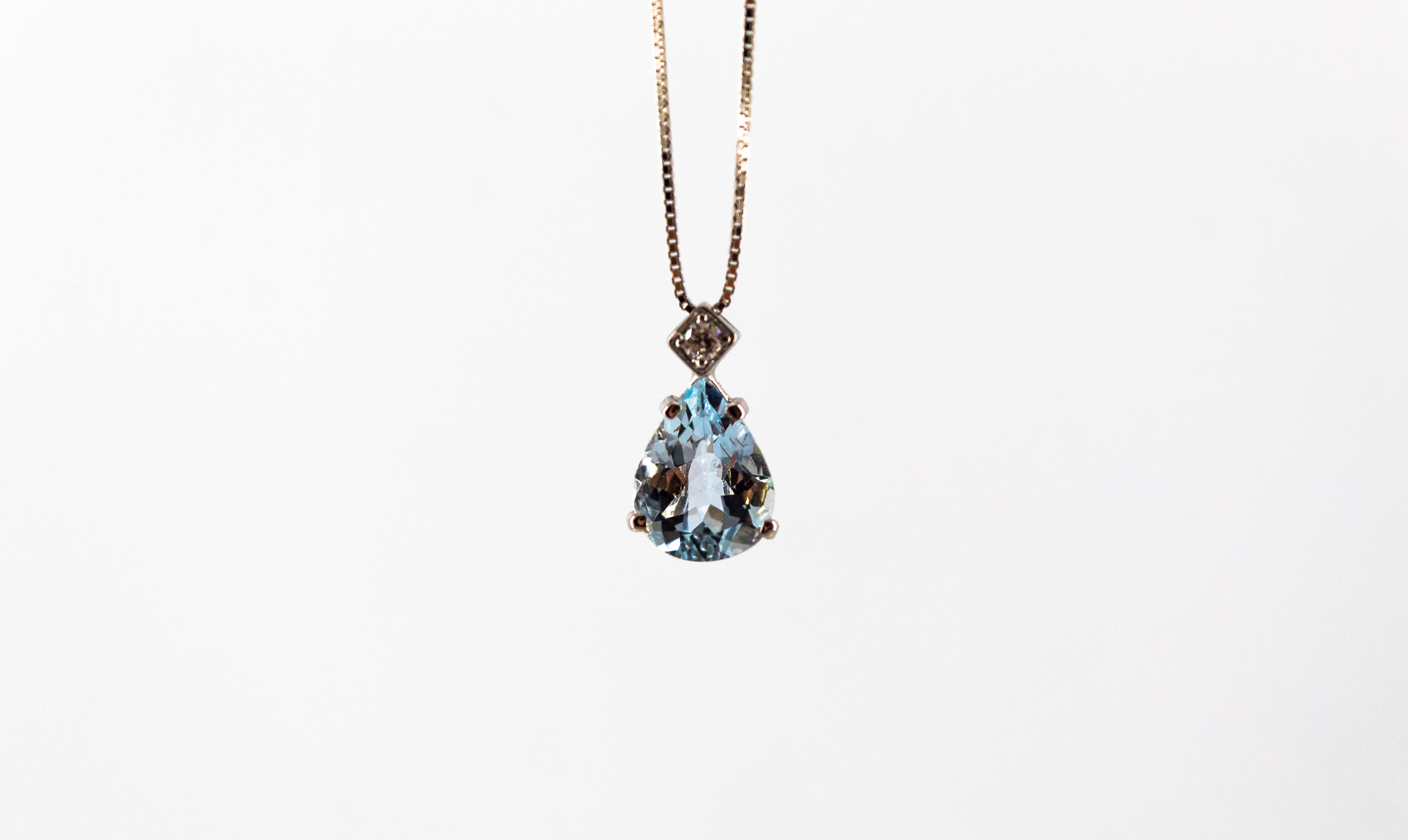 Pear Cut Art Deco Style 0.03 Carat Diamond 1.20 Carat Aquamarine White Gold Necklace For Sale