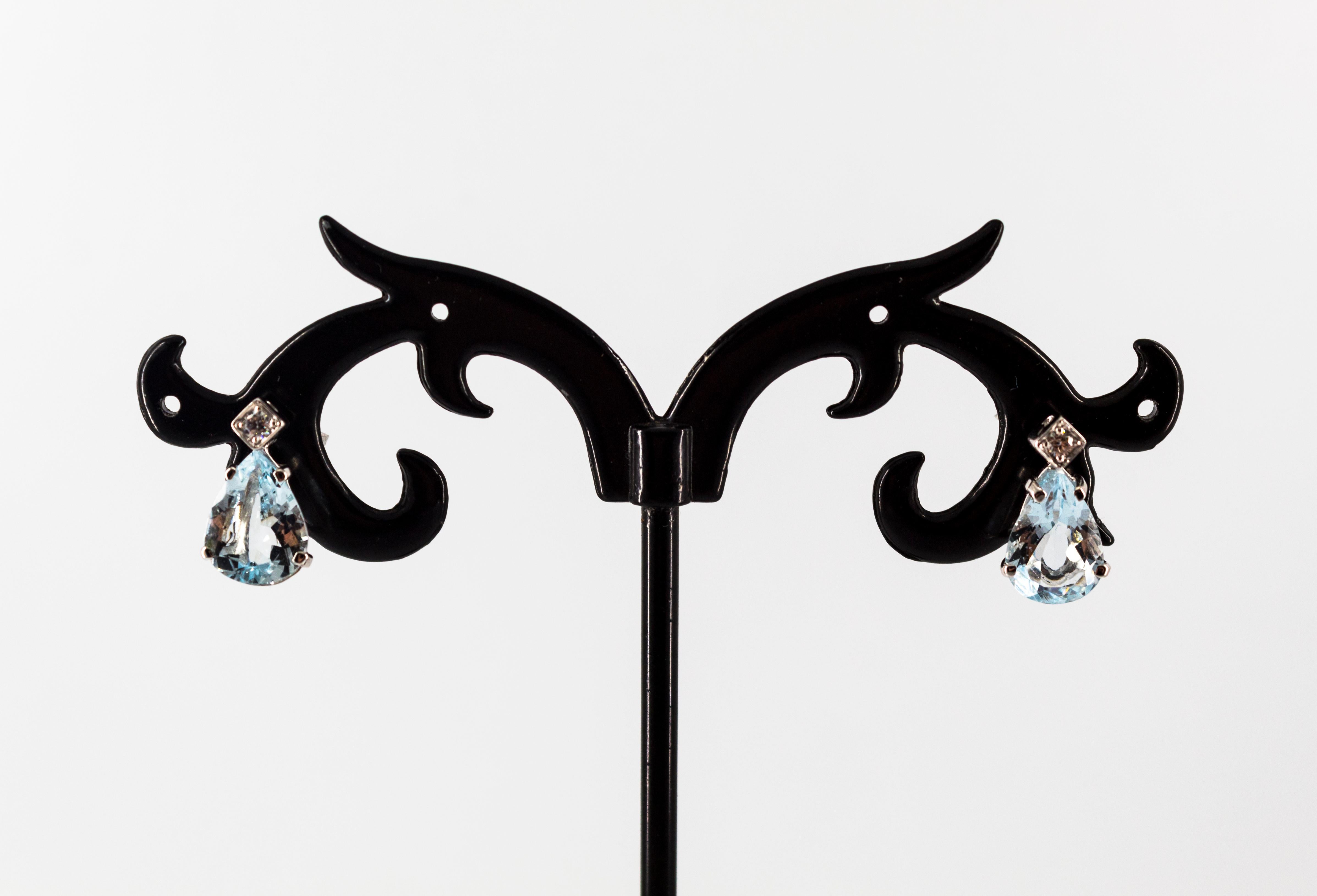 Pear Cut Art Deco Style 0.06 Carat Diamond 2.40 Carat Aquamarine White Gold Stud Earrings For Sale