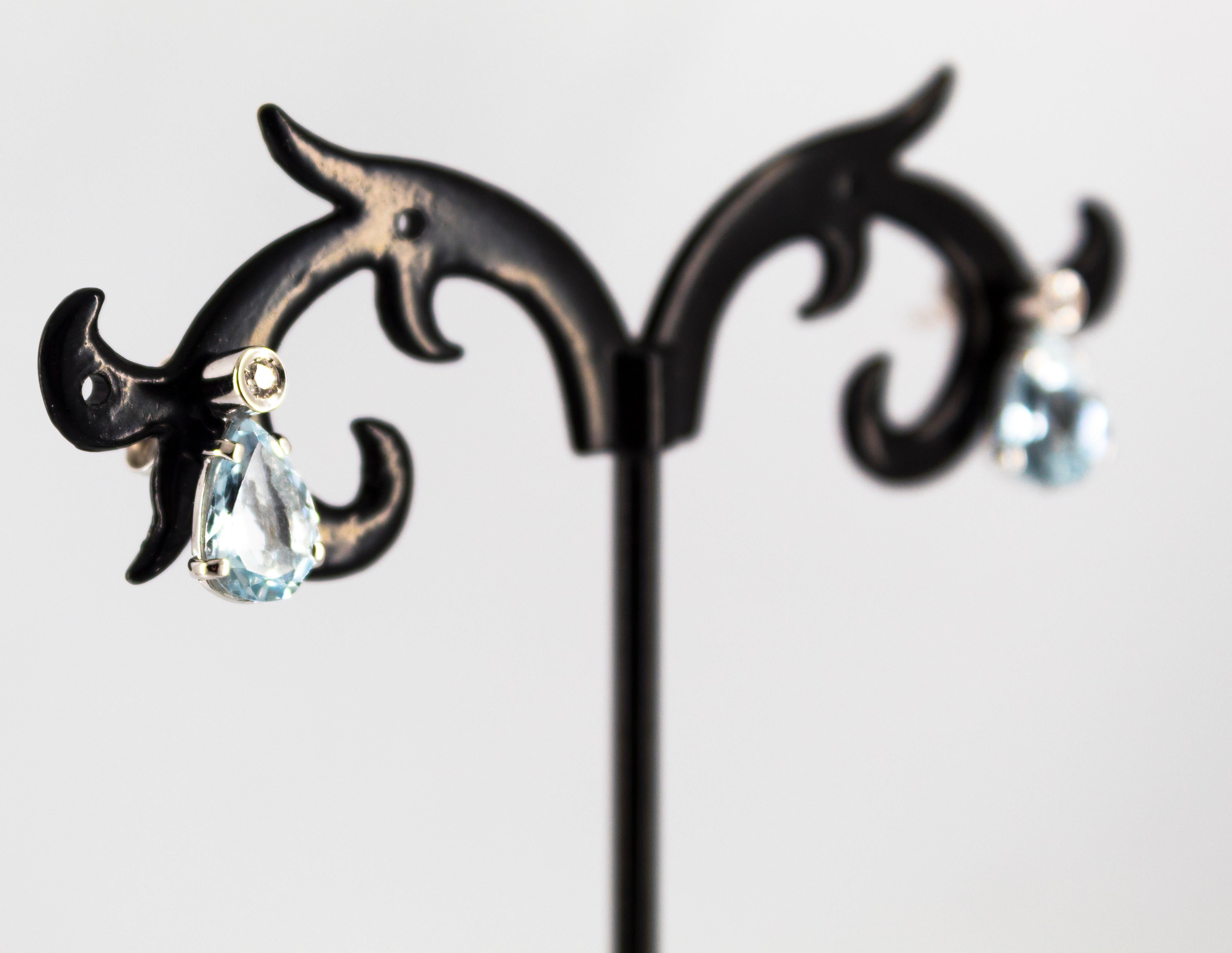 Pendientes de oro blanco estilo art déco con diamante de 0,06 quilates y aguamarina de 2,40 quilates en venta 1