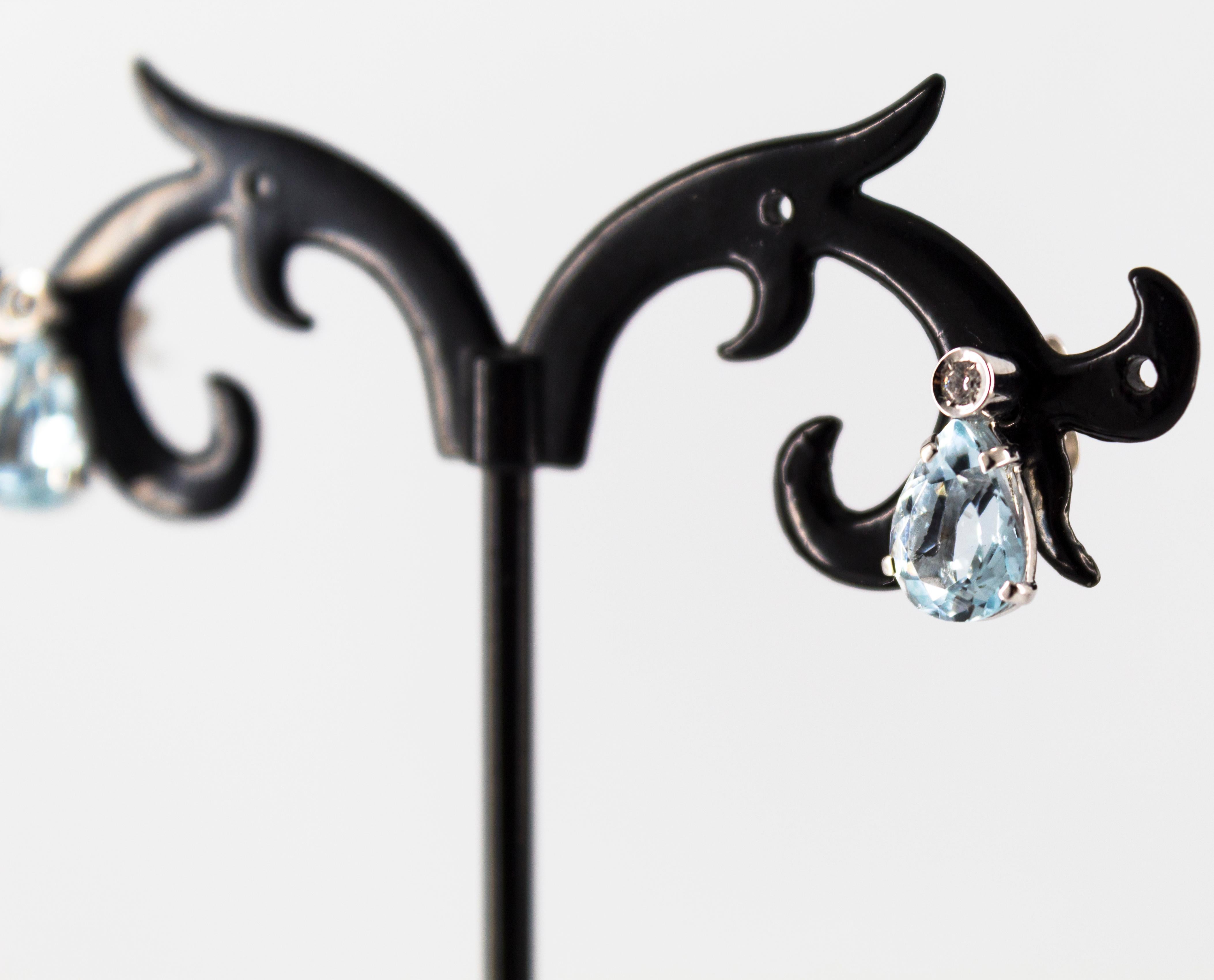 Pendientes de oro blanco estilo art déco con diamante de 0,06 quilates y aguamarina de 2,40 quilates en venta 2