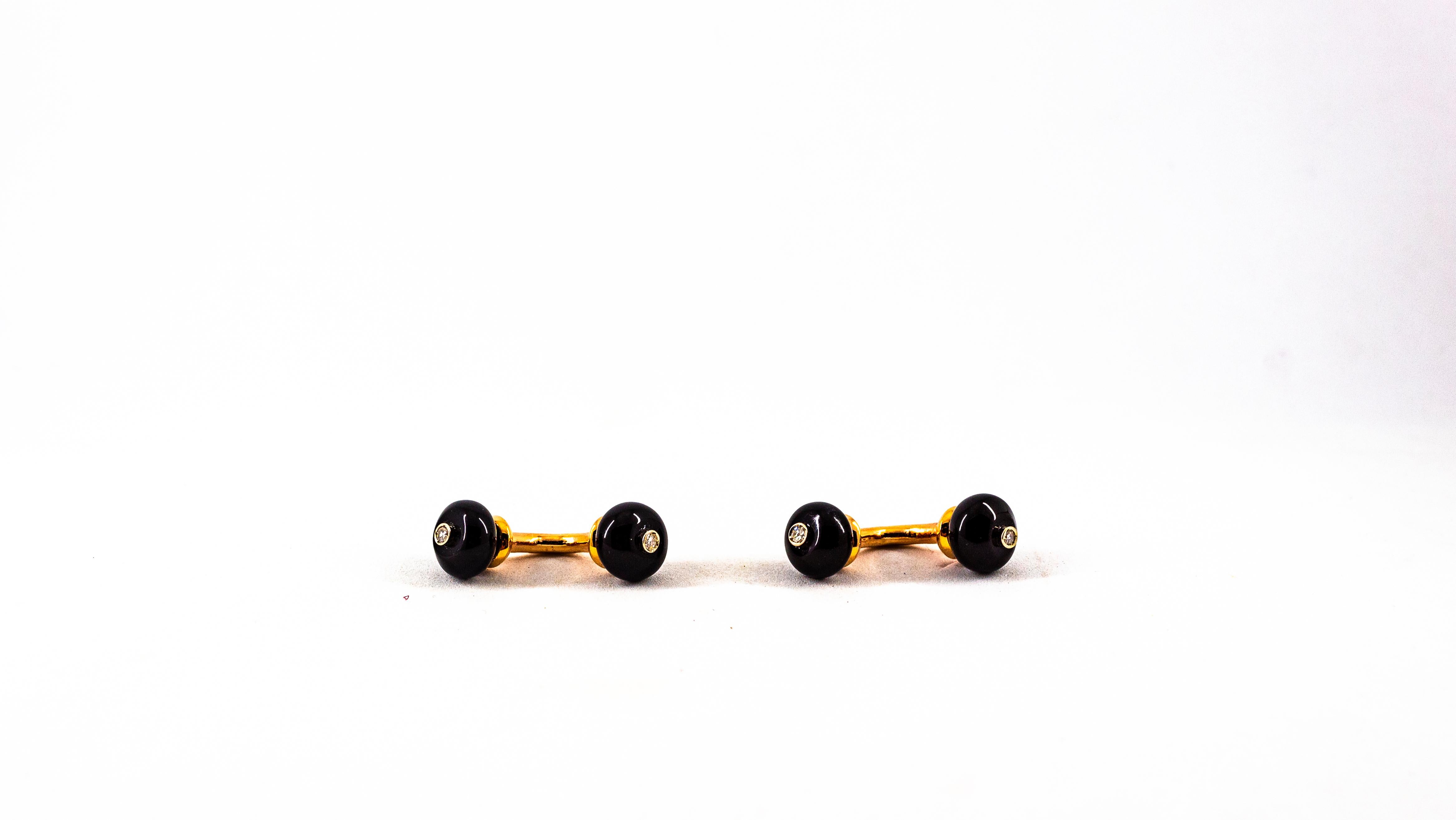 Women's or Men's Art Deco Style 0.08 Carat Modern Round Cut Diamond Onyx Yellow Gold Cufflinks For Sale