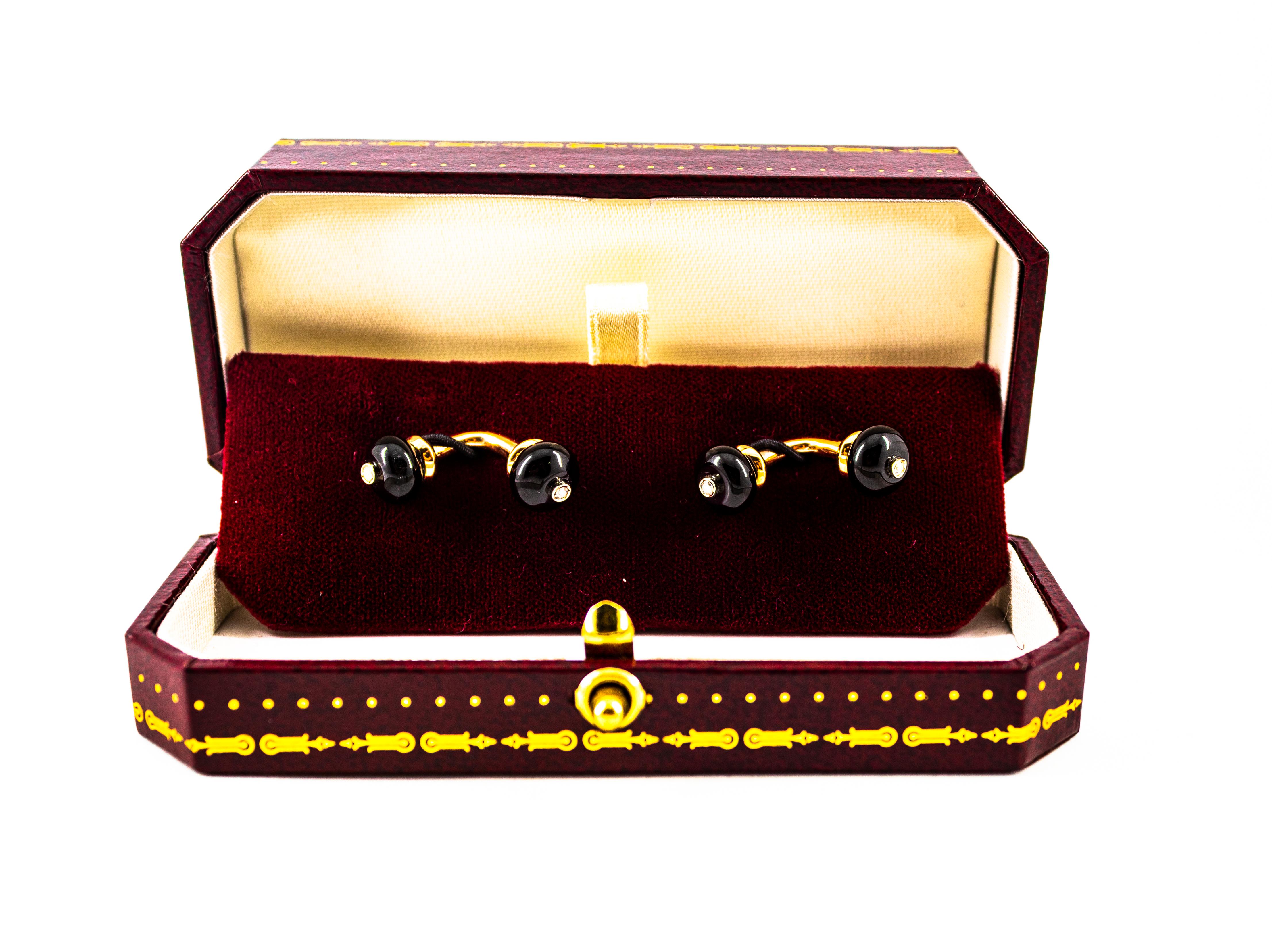 Art Deco Style 0.08 Carat Modern Round Cut Diamond Onyx Yellow Gold Cufflinks For Sale 2