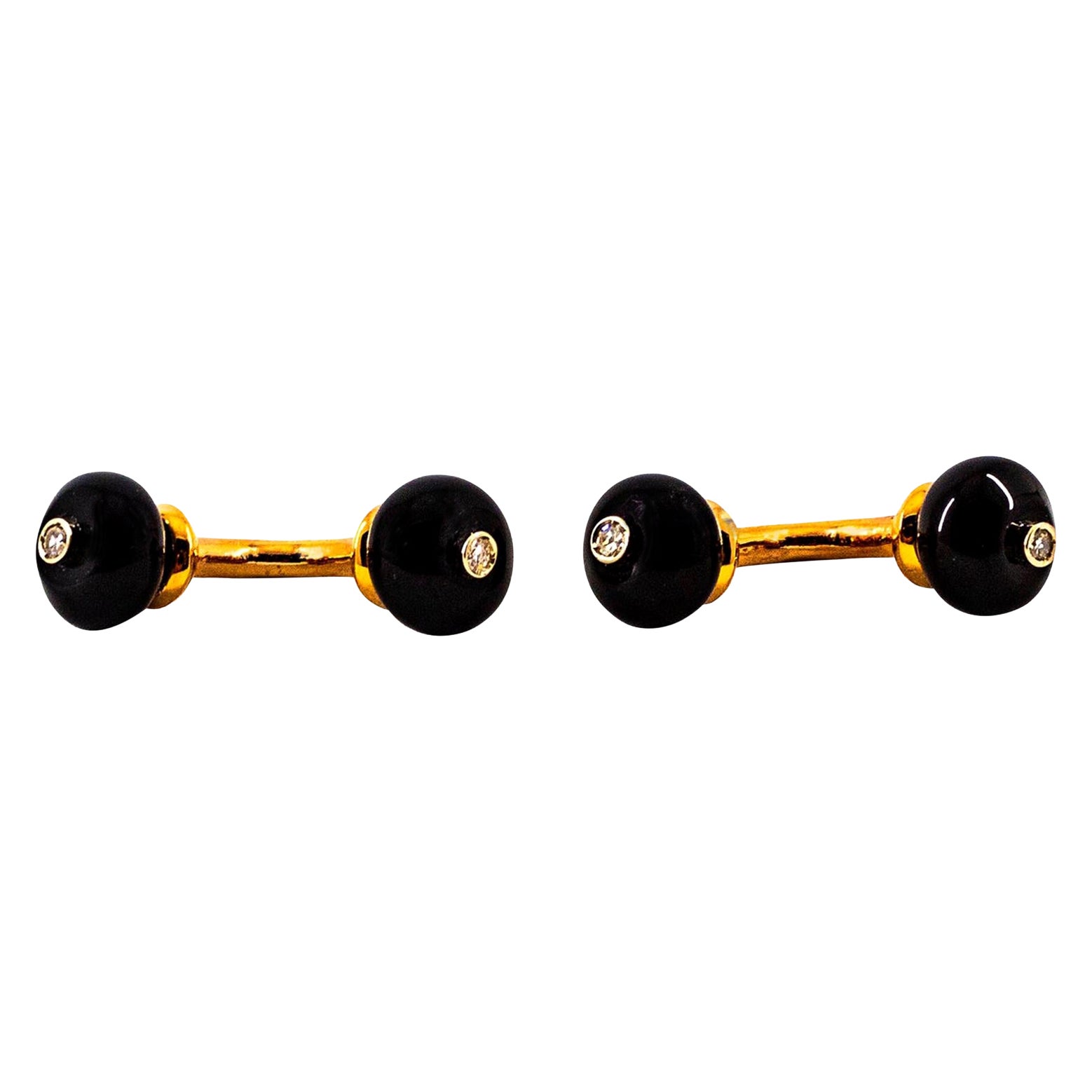 Art Deco Style 0.08 Carat Modern Round Cut Diamond Onyx Yellow Gold Cufflinks