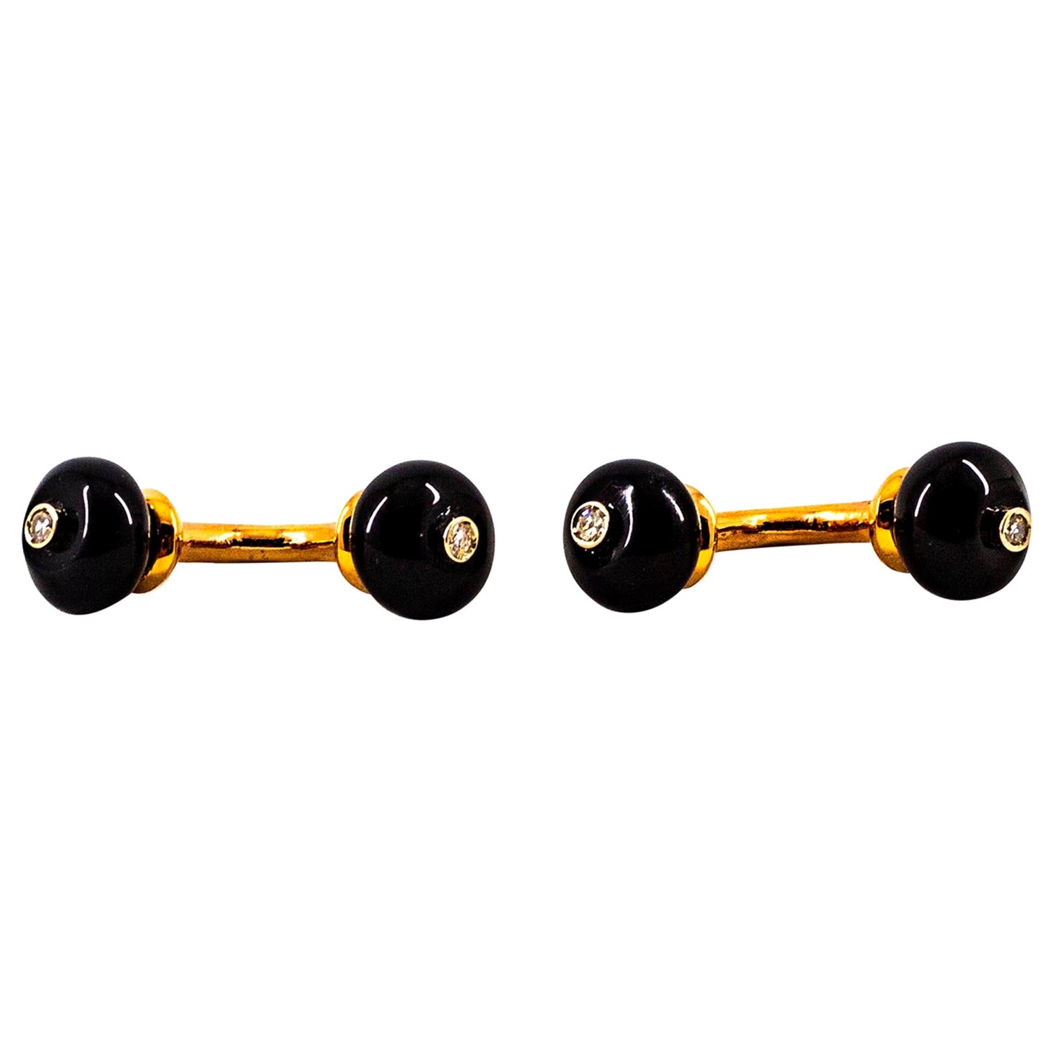 Art Deco Style 0.08 Carat Modern Round Cut Diamond Onyx Yellow Gold Cufflinks