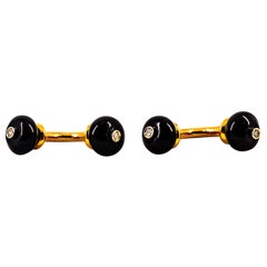 Gemelli in oro giallo in stile Art Deco da 0,08 carati con diamante moderno a taglio rotondo e onice