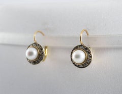 Boucles d'oreilles de style Art déco en or jaune avec perles et diamants blancs taille rose de 0,20 carat
