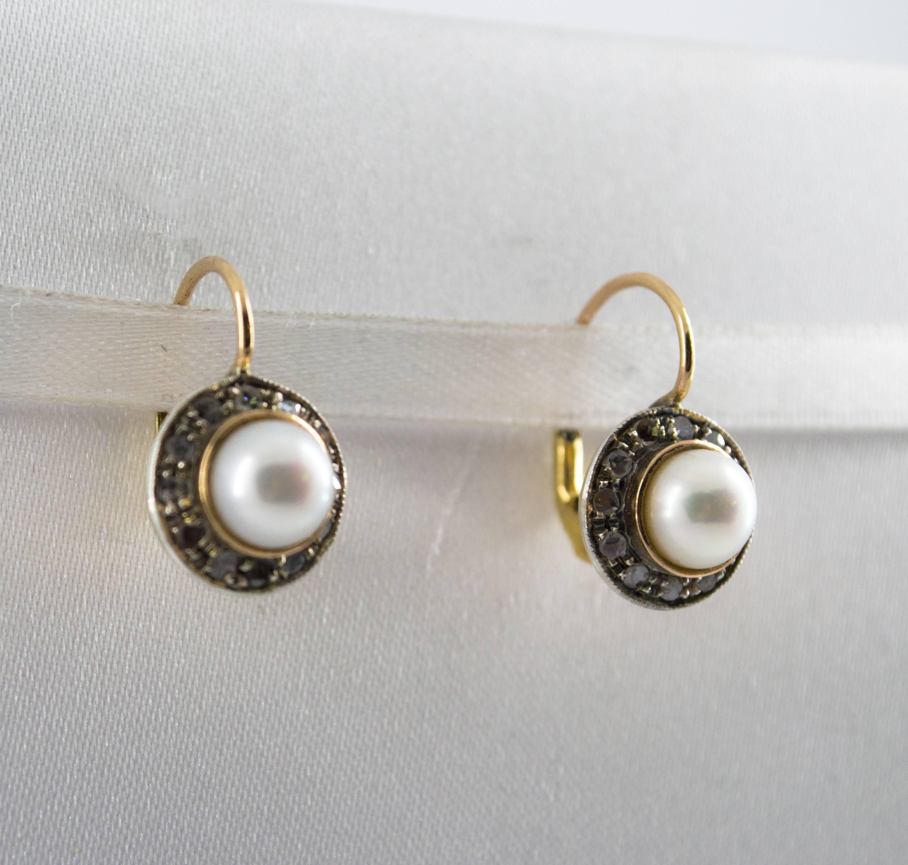 Gelbgold-Ohrringe im Art-déco-Stil mit 0,20 Karat weißem Diamanten im Rosenschliff und Perlen (Art déco) im Angebot