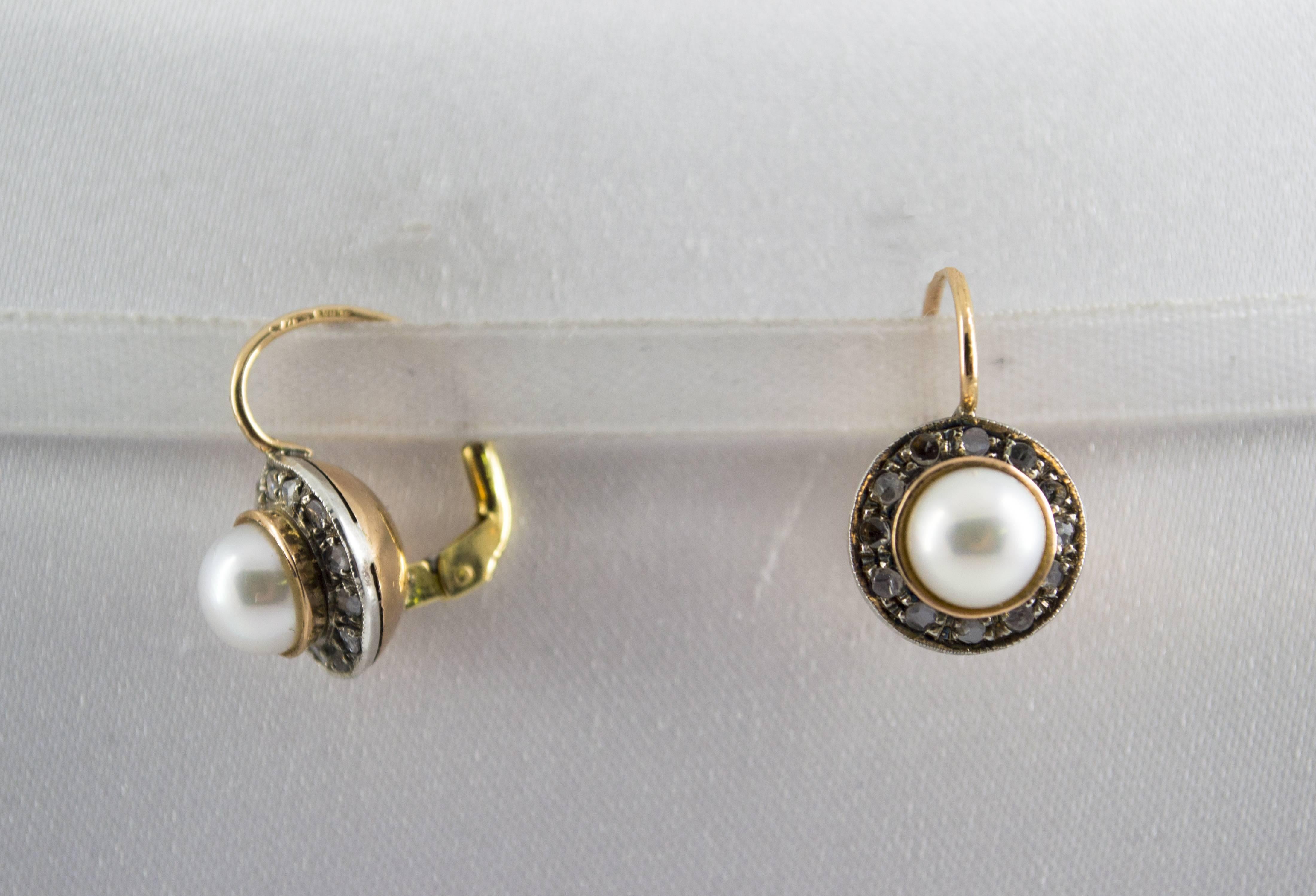 Women's or Men's Art Deco Style 0.20 Carat White Rose Cut Diamond Pearl Yellow Gold Earrings