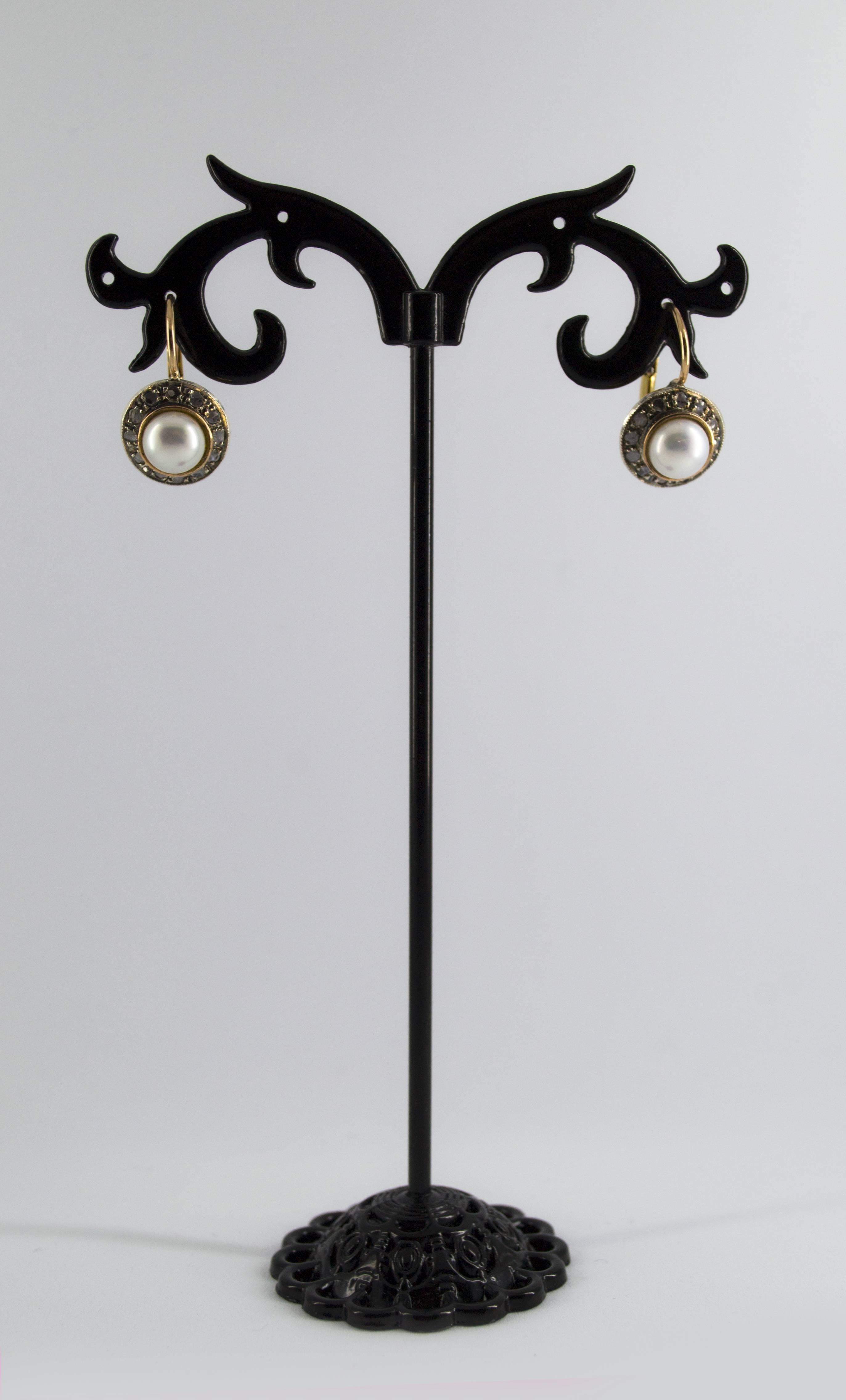 Art Deco Style 0.20 Carat White Rose Cut Diamond Pearl Yellow Gold Earrings For Sale 1
