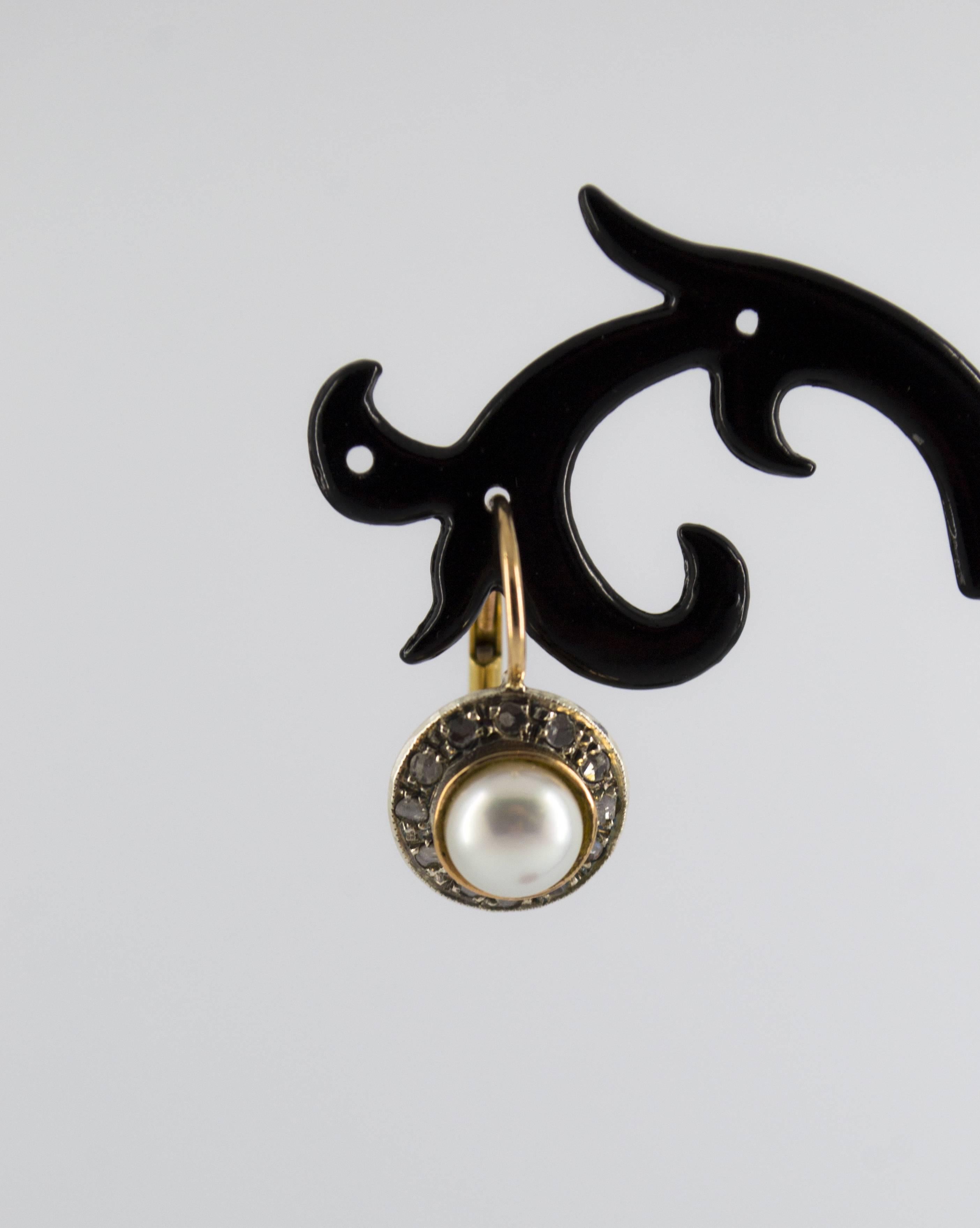 Art Deco Style 0.20 Carat White Rose Cut Diamond Pearl Yellow Gold Earrings For Sale 2