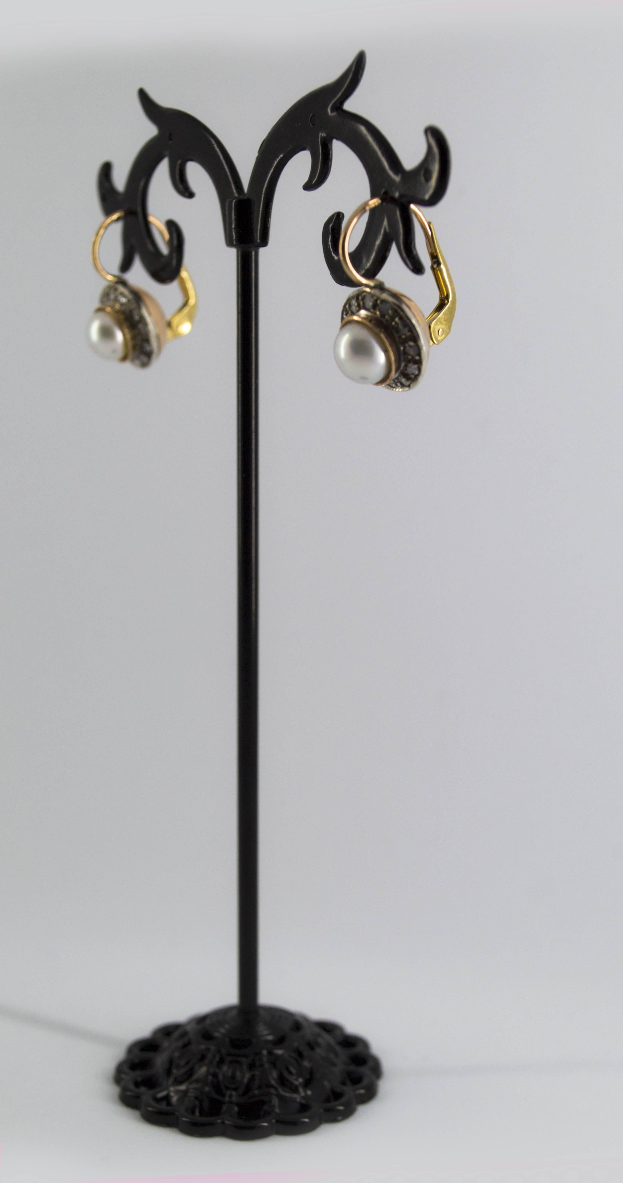 Art Deco Style 0.20 Carat White Rose Cut Diamond Pearl Yellow Gold Earrings For Sale 3