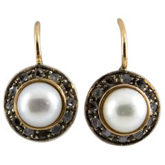 Art Deco Style 0.20 Carat White Rose Cut Diamond Pearl Yellow Gold Earrings