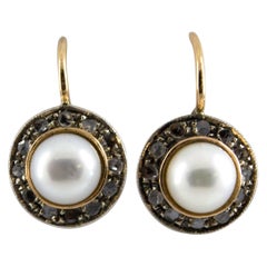 Boucles d'oreilles de style Art déco en or jaune avec perles et diamants blancs taille rose de 0,20 carat