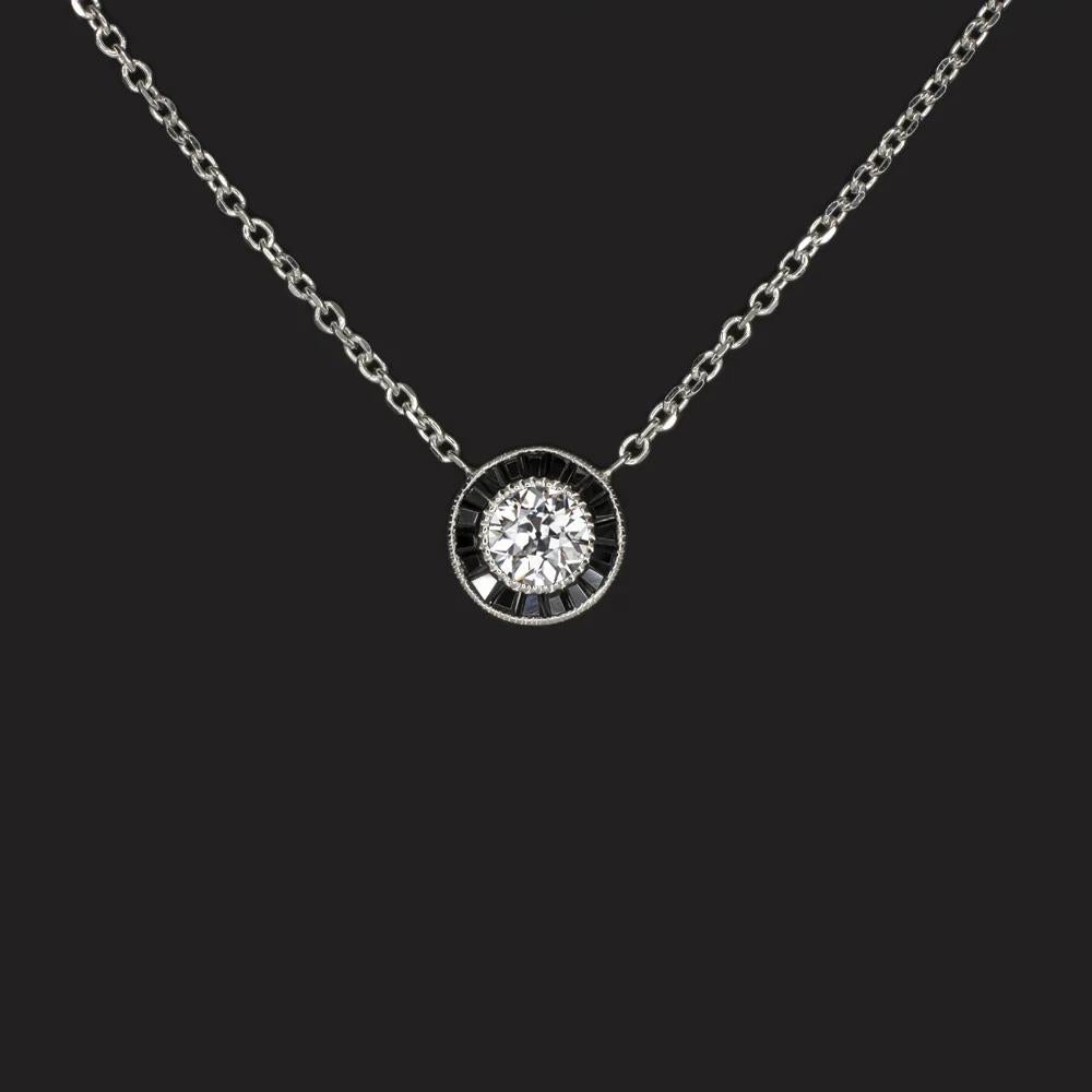 Pendentif de style Art déco en or blanc 14 carats, diamant européen ancien de 0,30 carat et onyx Neuf - En vente à Chicago, IL