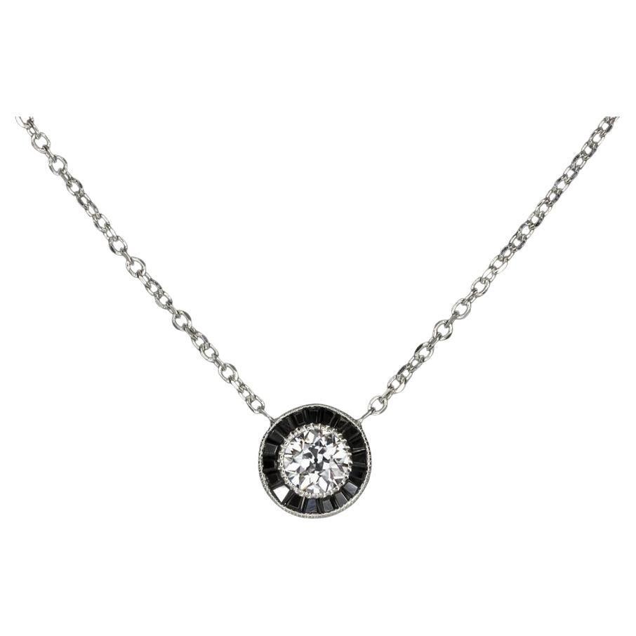 Art Deco Style 0.30ct Old Euro Diamond & Onyx Pendant in 14K White Gold