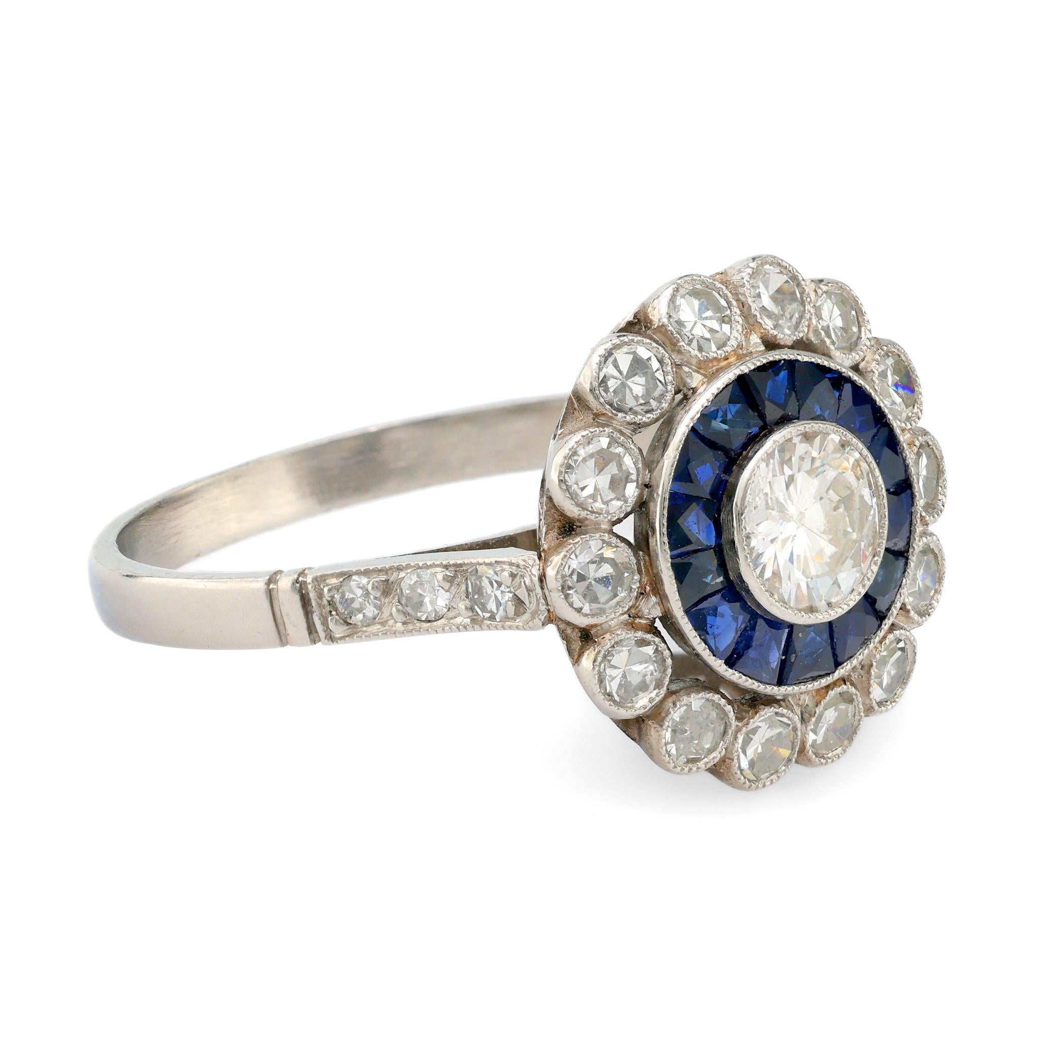 Old European Cut Art Deco style 0.35 carat diamond sapphire platinum target ring