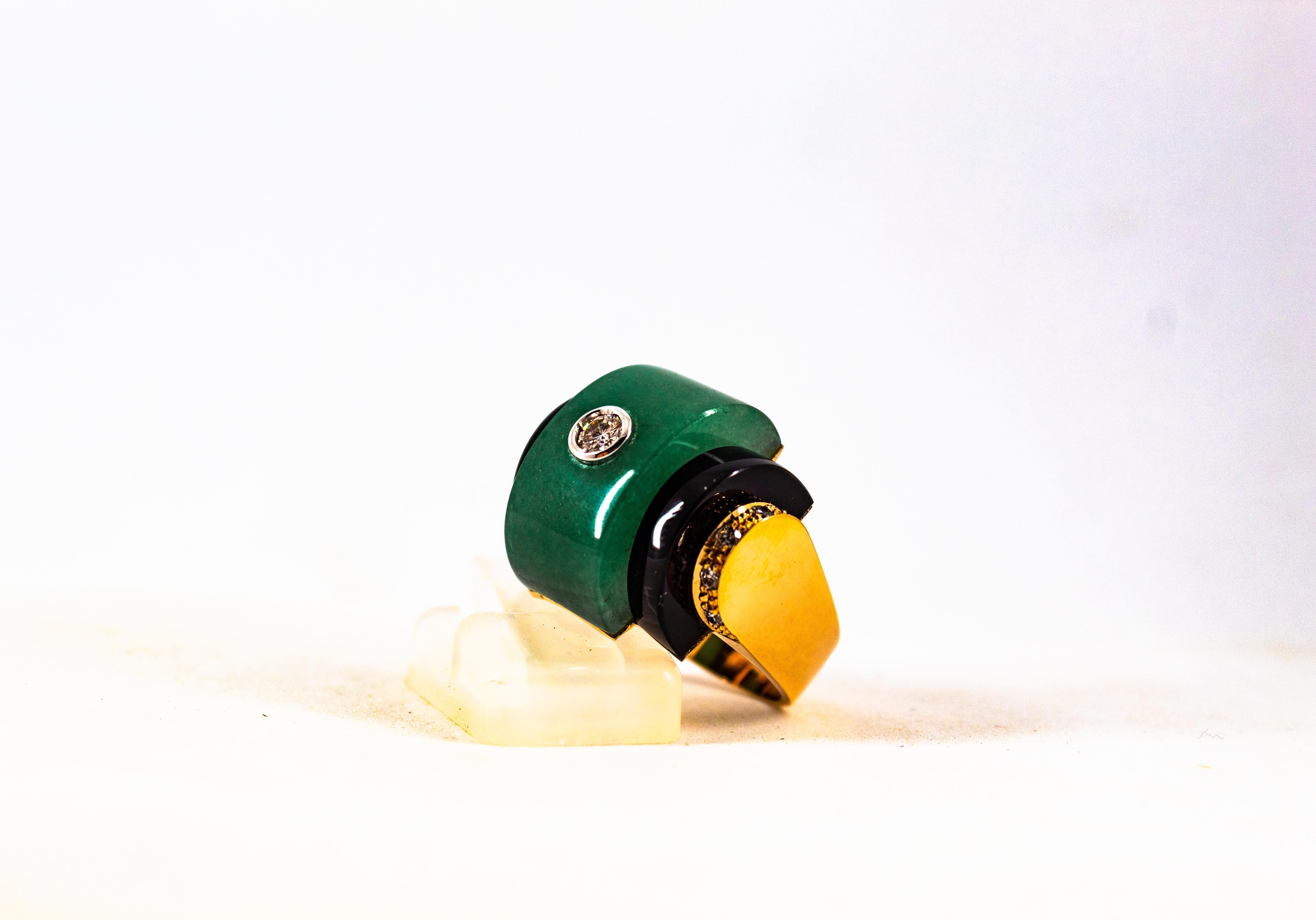 Art Deco Style 0.35 Carat White Diamond Onyx Jade Yellow Gold Cocktail Ring For Sale 7