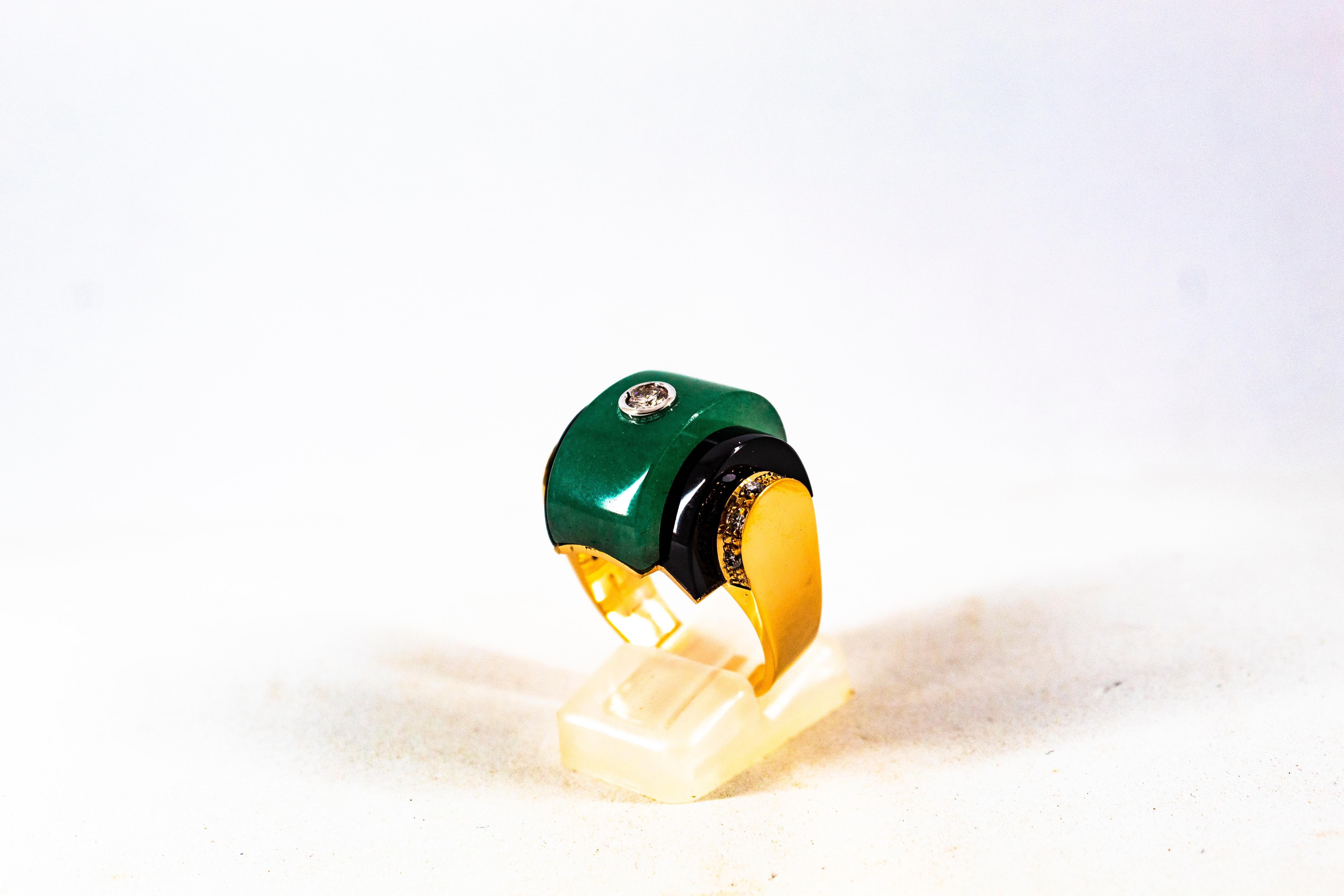 Art Deco Style 0.35 Carat White Diamond Onyx Jade Yellow Gold Cocktail Ring In New Condition In Naples, IT