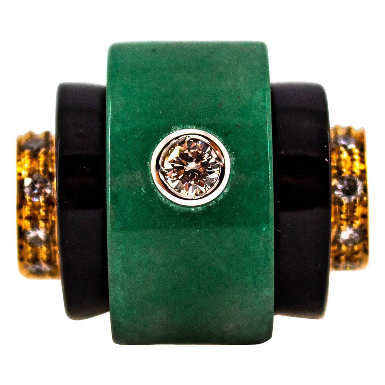 Art Deco Style 0.35 Carat White Diamond Onyx Jade Yellow Gold Cocktail Ring