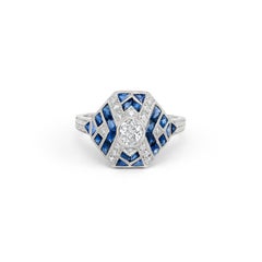 Art Deco Style 0.38 CT Diamond French Sapphire 1.75 TCW Platinum Engagement Ring