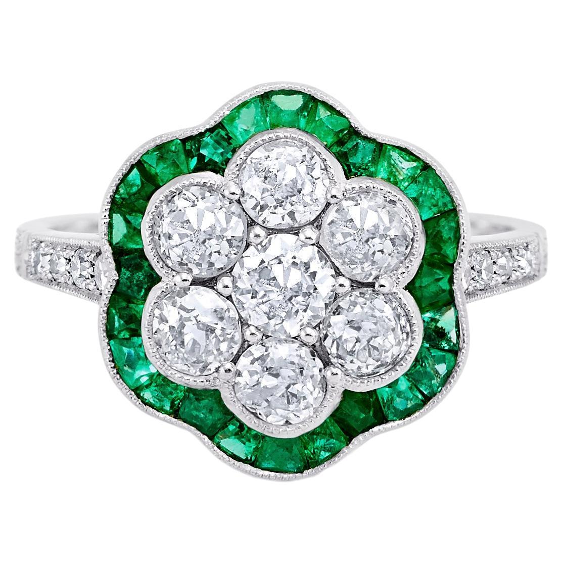 Art Deco Style 0.4 CT Center Diamonds Emeralds 1.12 TCW Platinum Engagement Ring For Sale