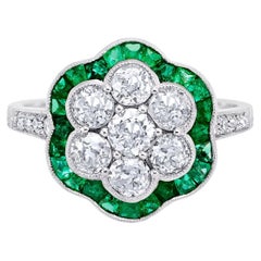 Art Deco Style 0.4 CT Center Diamonds Emeralds 1.12 TCW Platinum Engagement Ring