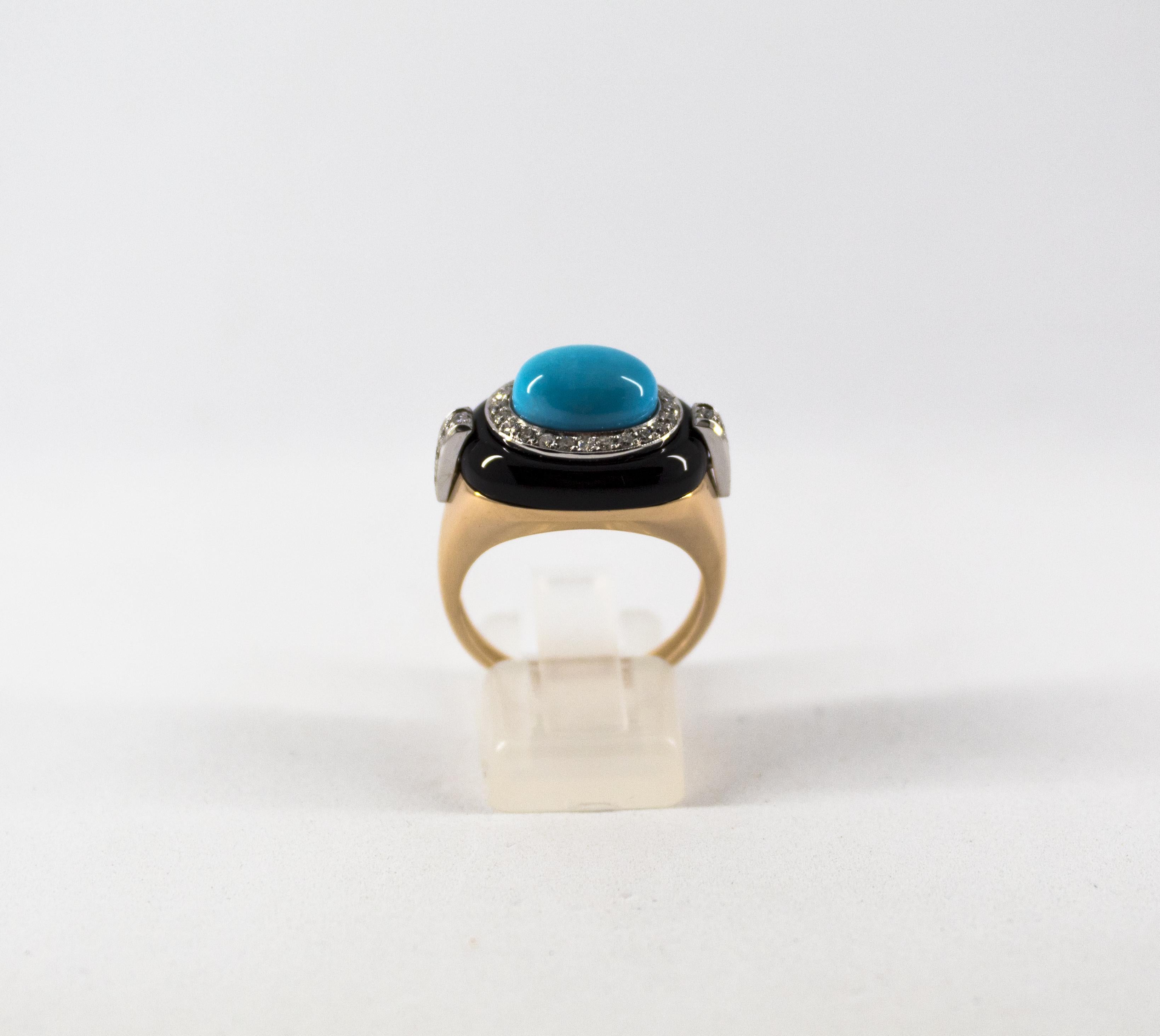 Art Deco Style 0.40 Carat White Diamond Turquoise Onyx Yellow Gold Cocktail Ring In New Condition In Naples, IT