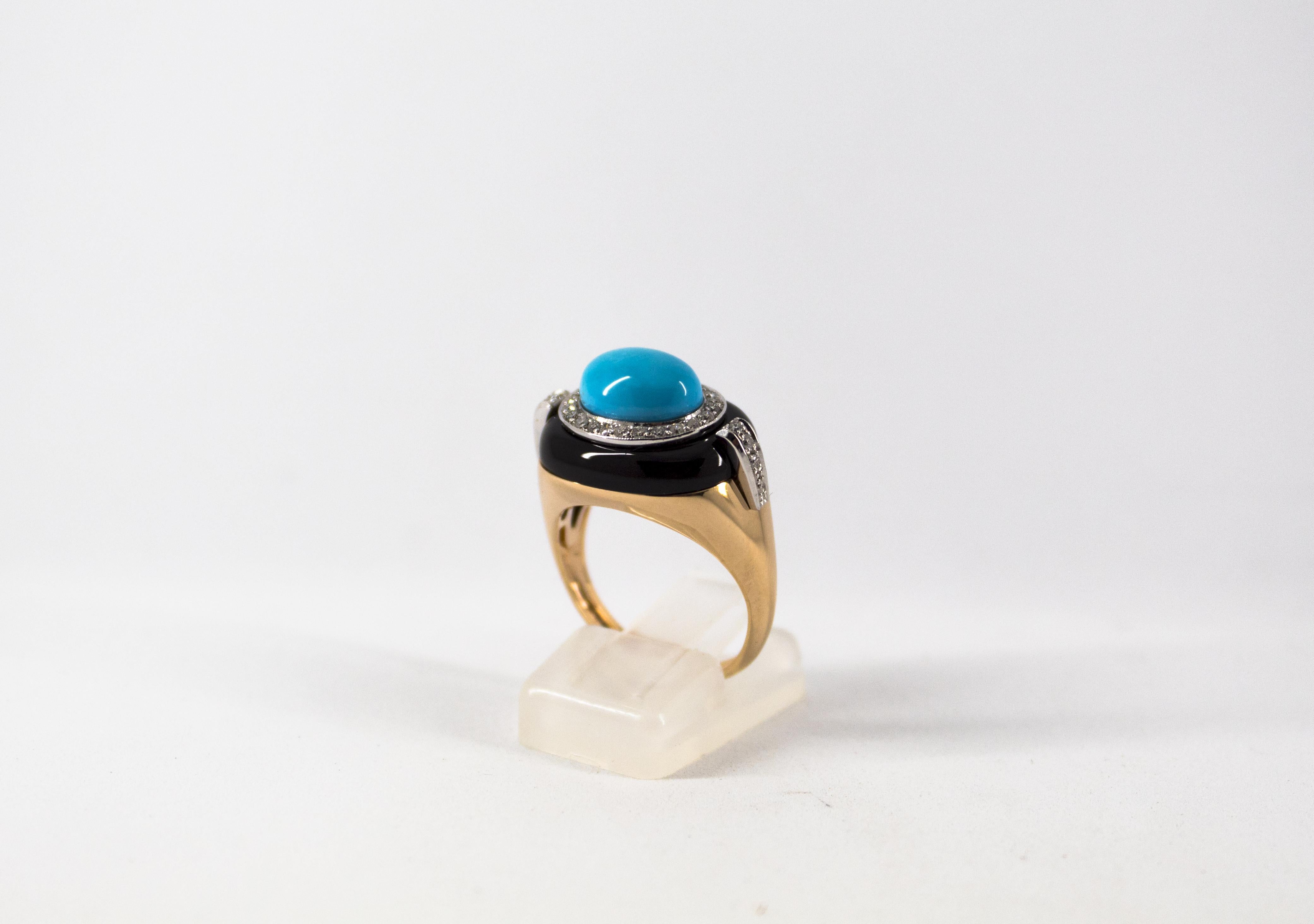 Women's or Men's Art Deco Style 0.40 Carat White Diamond Turquoise Onyx Yellow Gold Cocktail Ring