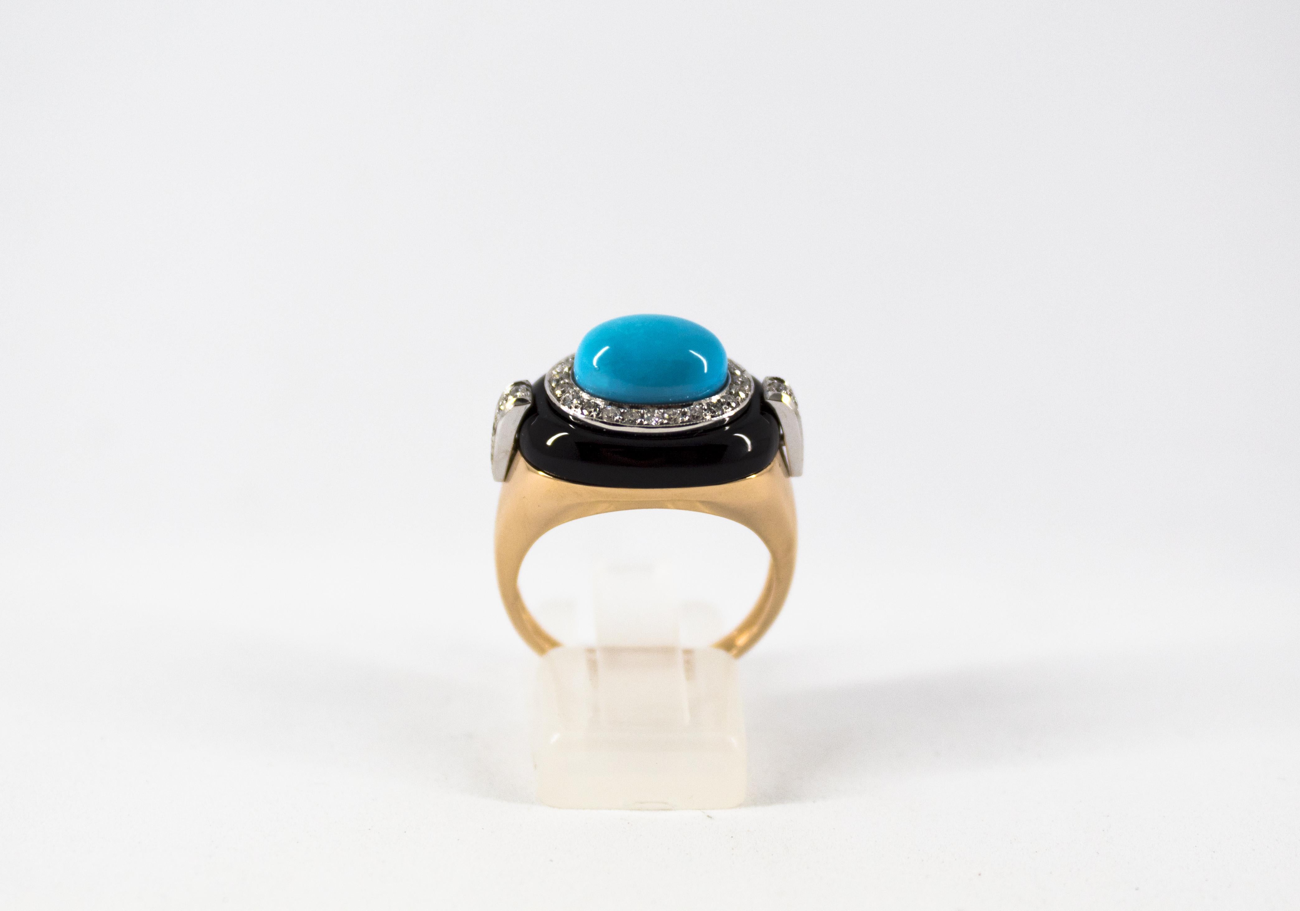 Women's or Men's Art Deco Style 0.40 Carat White Diamond Turquoise Onyx Yellow Gold Cocktail Ring For Sale