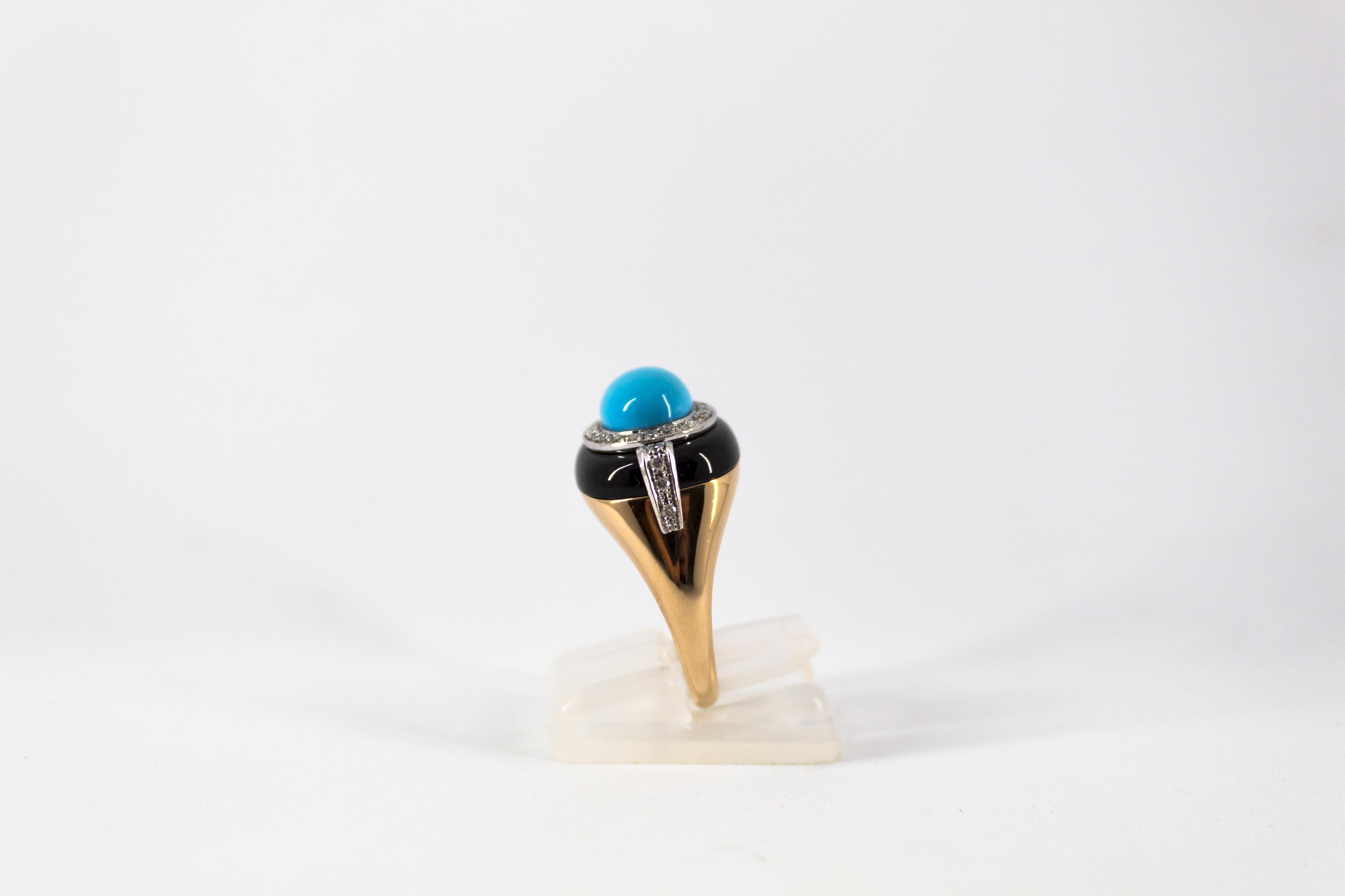 Art Deco Style 0.40 Carat White Diamond Turquoise Onyx Yellow Gold Cocktail Ring 1