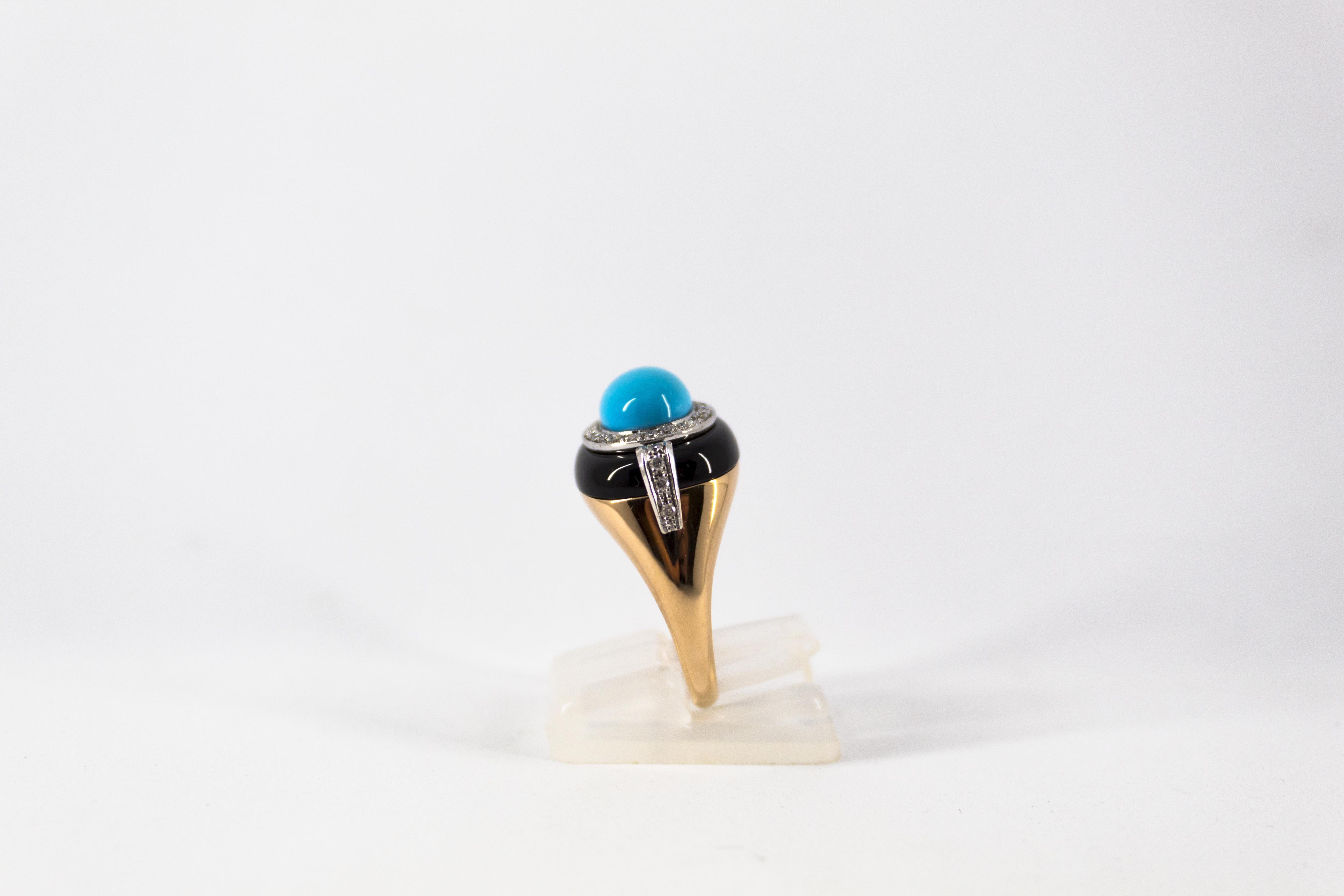 Art Deco Style 0.40 Carat White Diamond Turquoise Onyx Yellow Gold Cocktail Ring For Sale 1