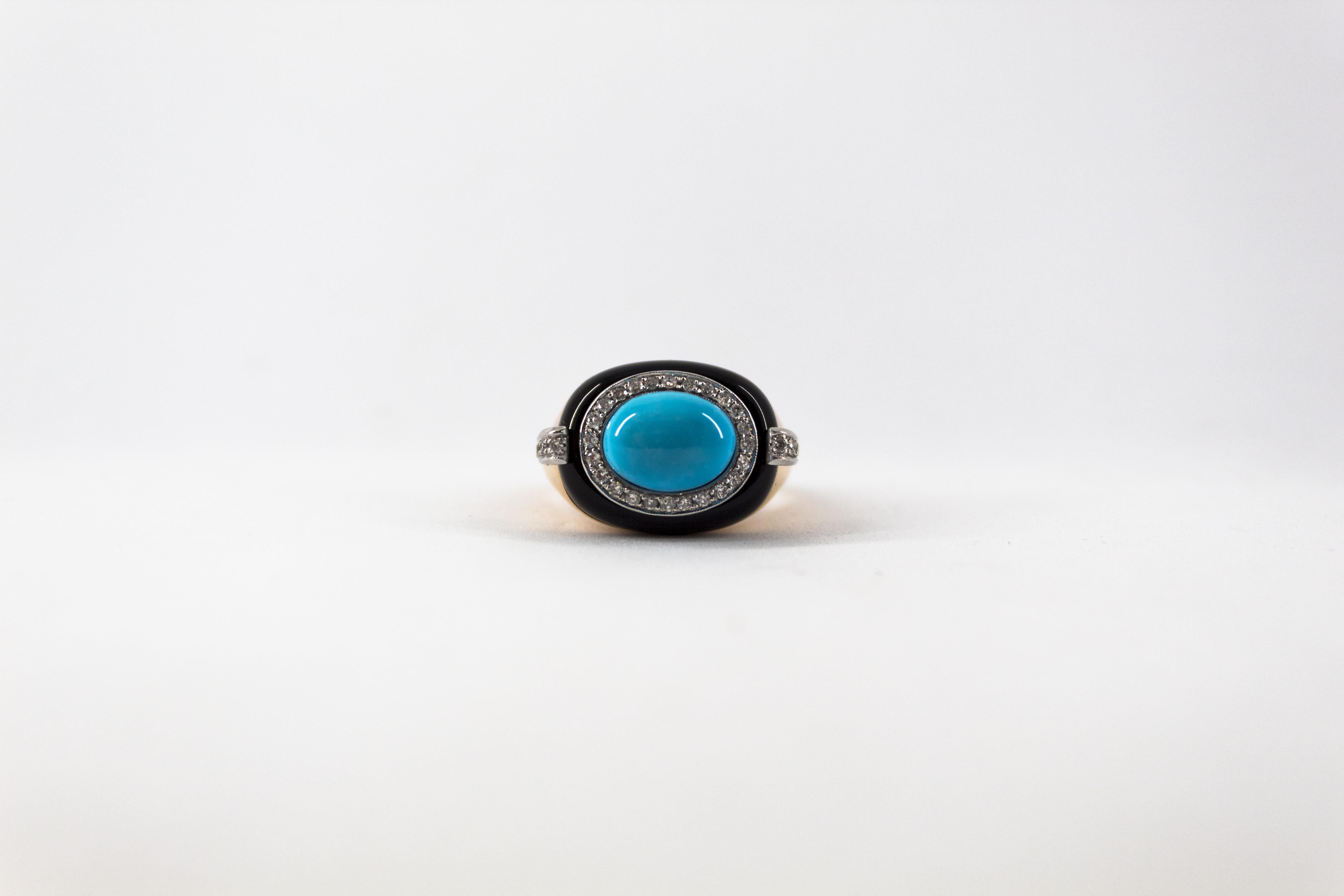 Art Deco Style 0.40 Carat White Diamond Turquoise Onyx Yellow Gold Cocktail Ring 2