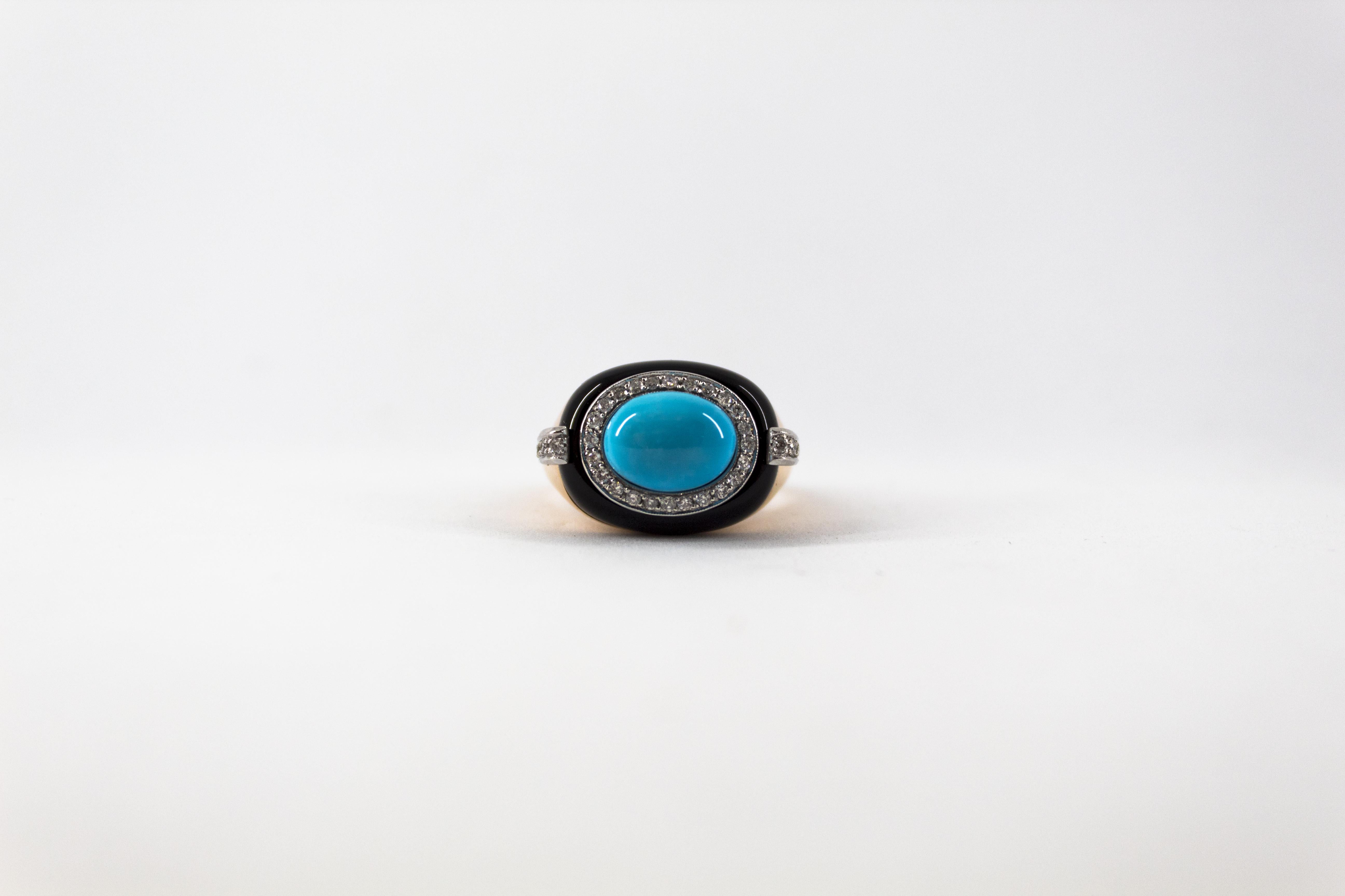 Art Deco Style 0.40 Carat White Diamond Turquoise Onyx Yellow Gold Cocktail Ring For Sale 2