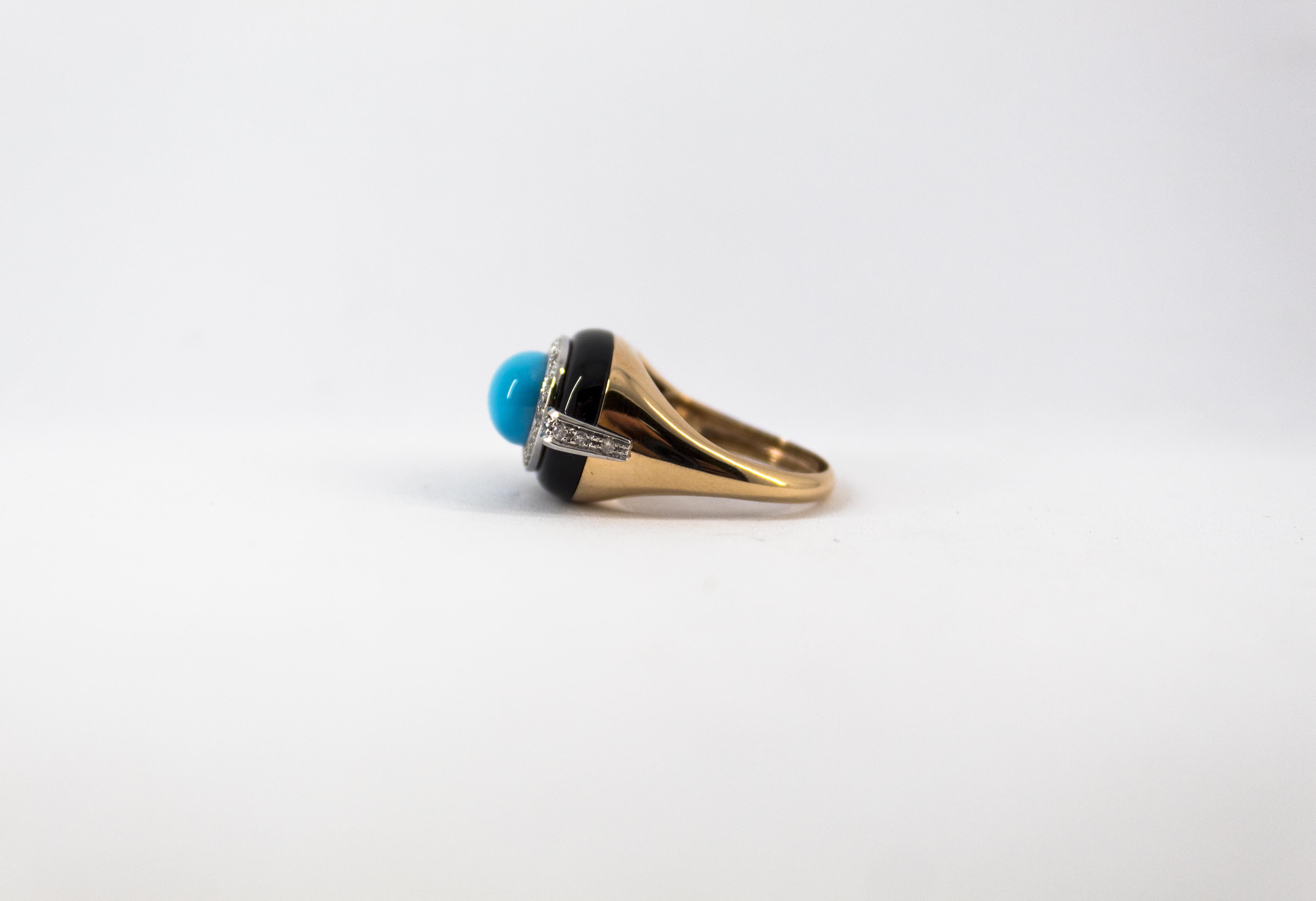 Art Deco Style 0.40 Carat White Diamond Turquoise Onyx Yellow Gold Cocktail Ring For Sale 4